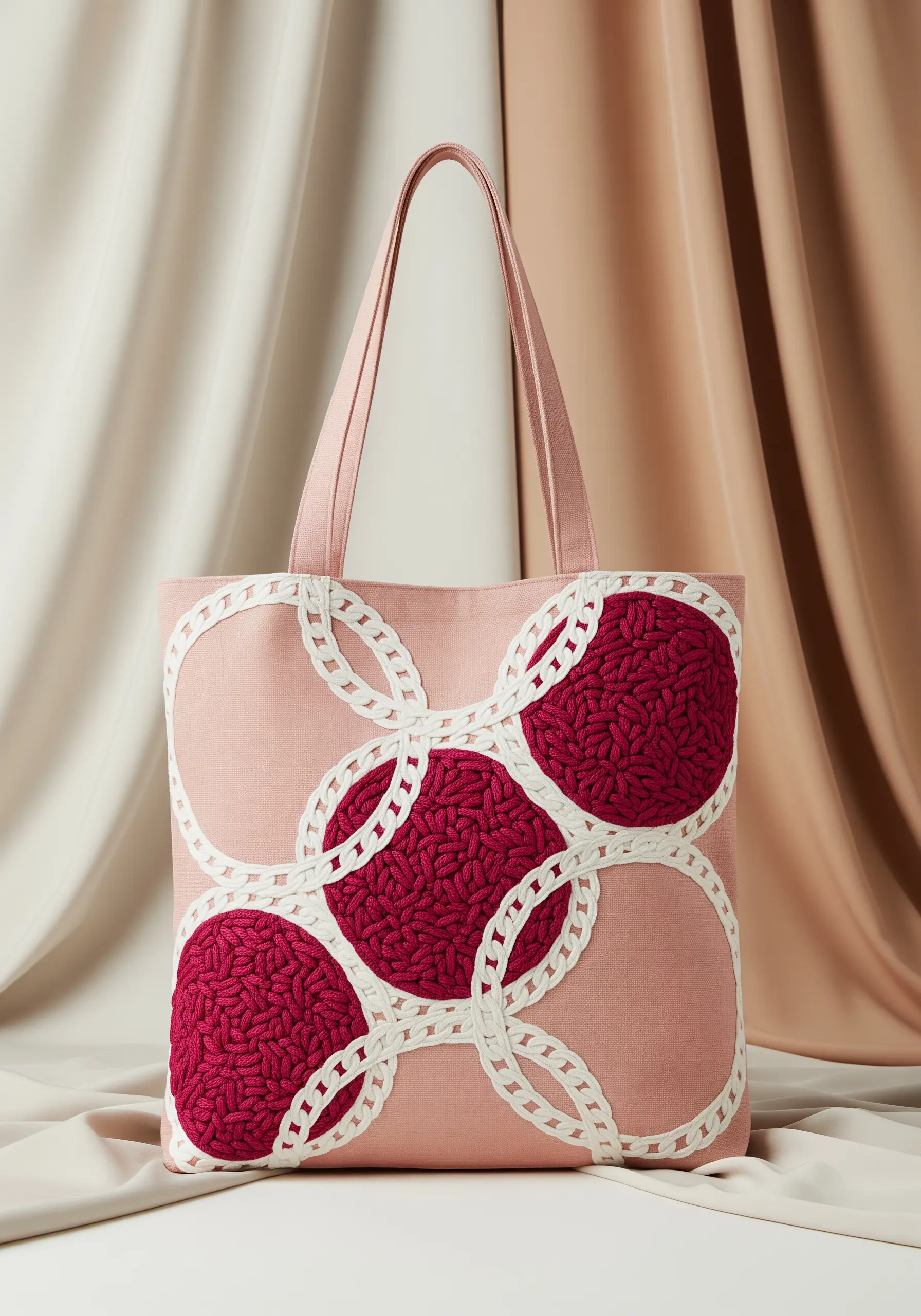 Interlocking circles on a pink tote, filled with a deep red woven darning stitch.
