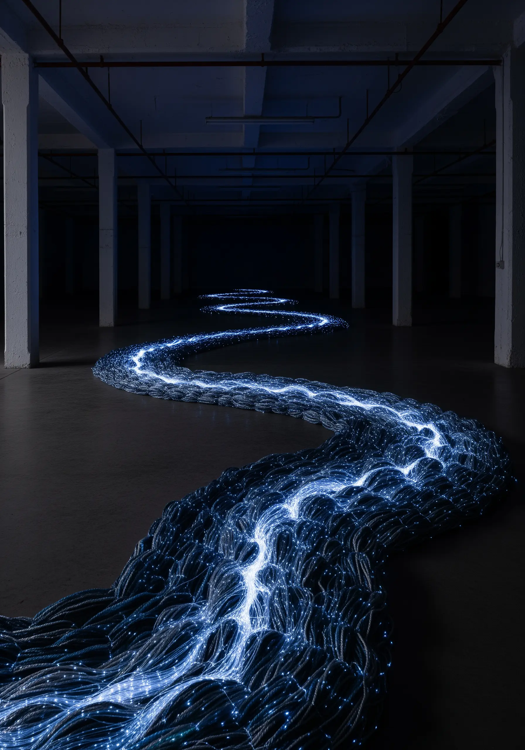 A long, braided fiber sculpture with integrated blue and white lights snaking across a dark floor.