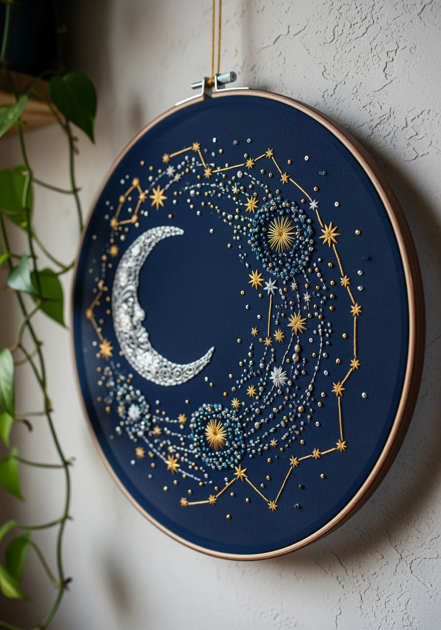 Celestial embroidery with a textured moon, stars, beads, and metallic thread on navy fabric.