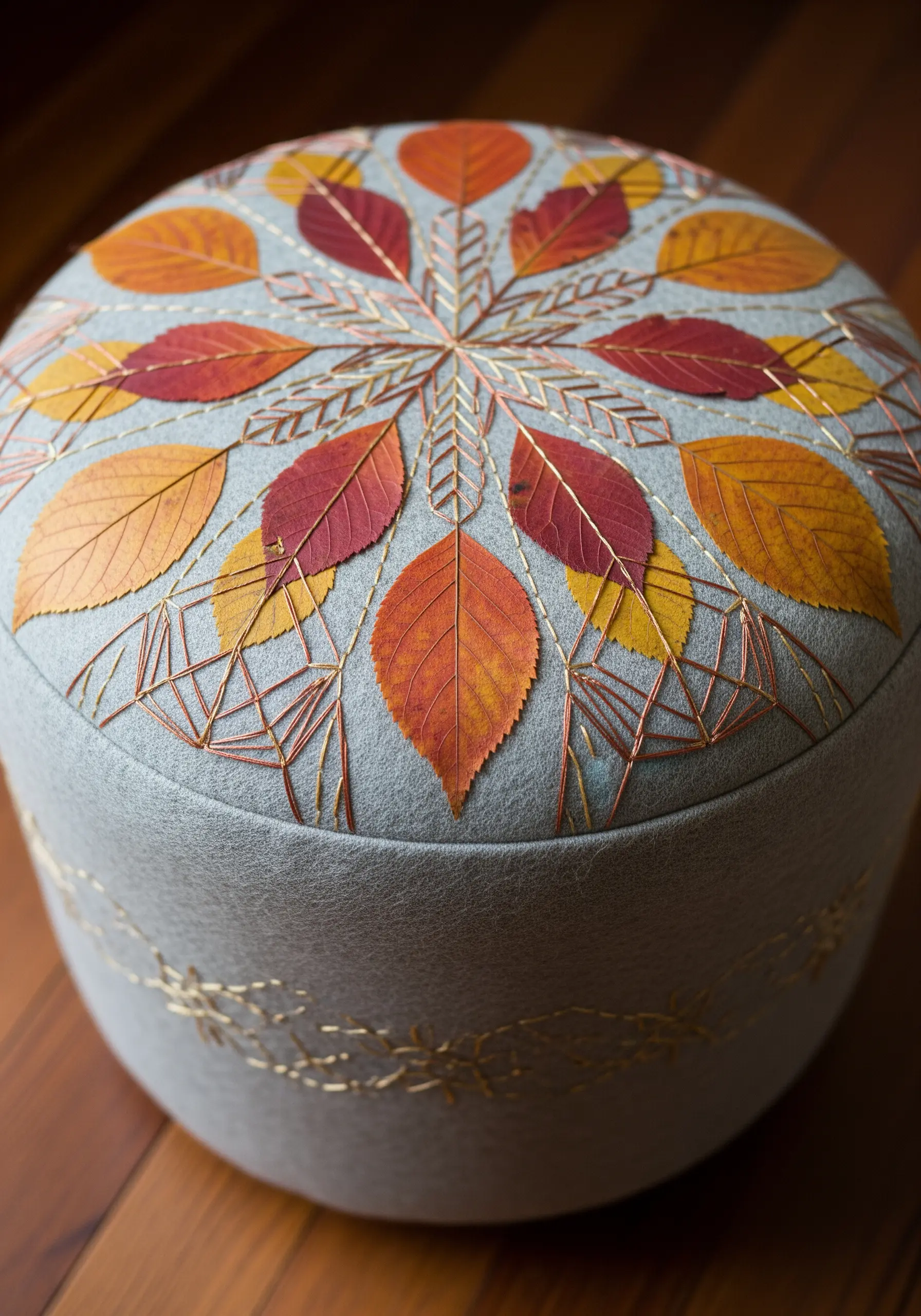 A round upholstered stool decorated with pressed autumn leaves and radiating gold metallic thread.