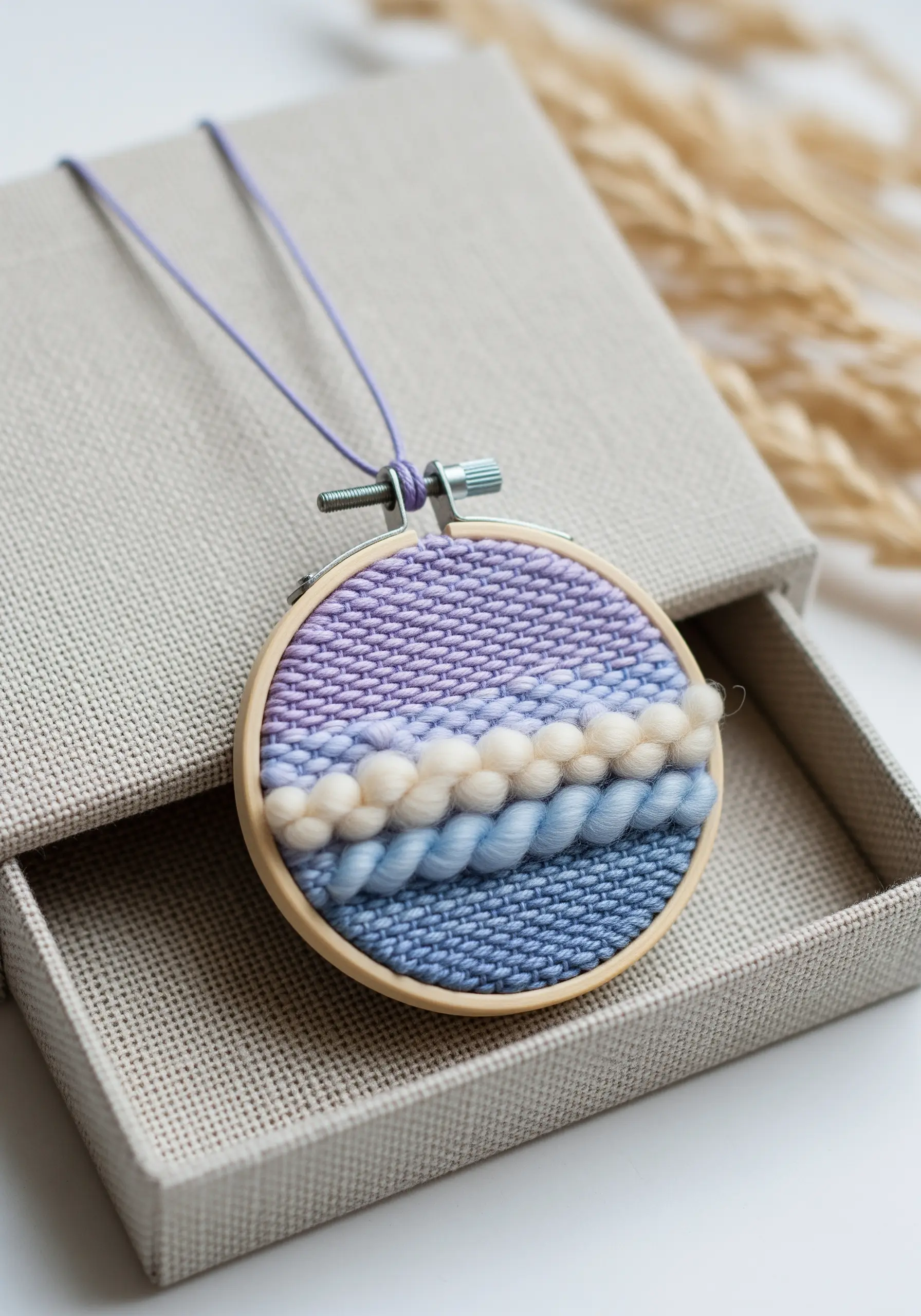 Woven pendant in a tiny hoop with purple, blue, and cream yarn textures creating a landscape.
