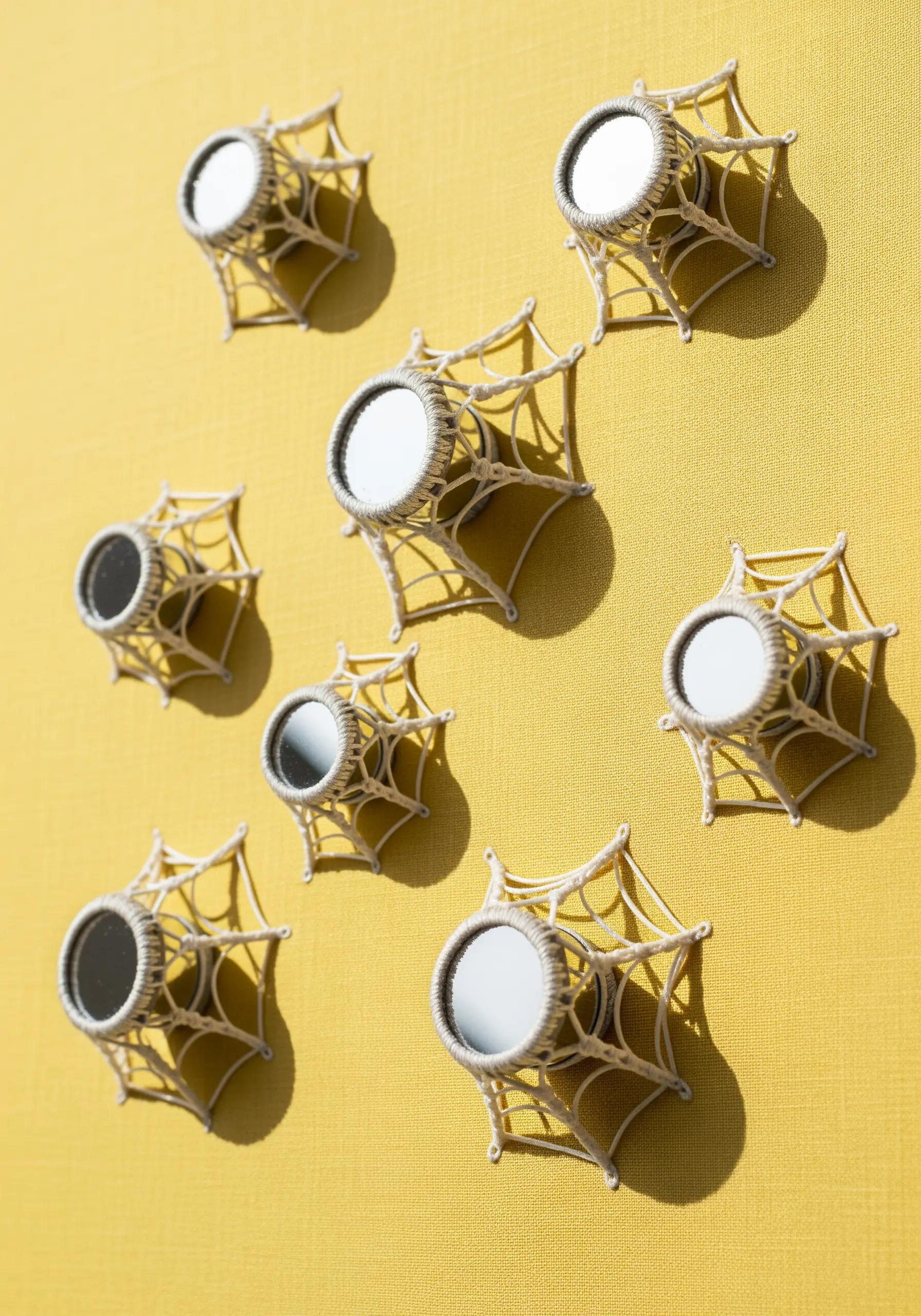 Small round mirrors set within woven thread spiderwebs, mounted on a bright yellow canvas.