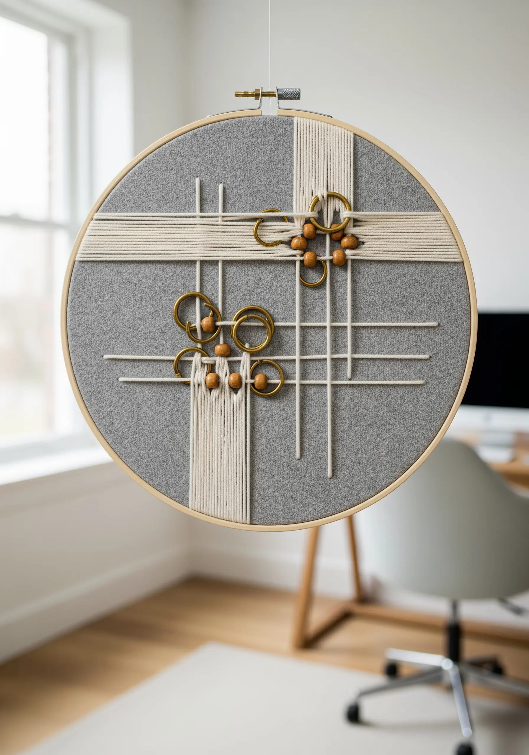 Mixed-media hoop art with wrapped cream yarn, wooden beads, and brass rings on grey felt.
