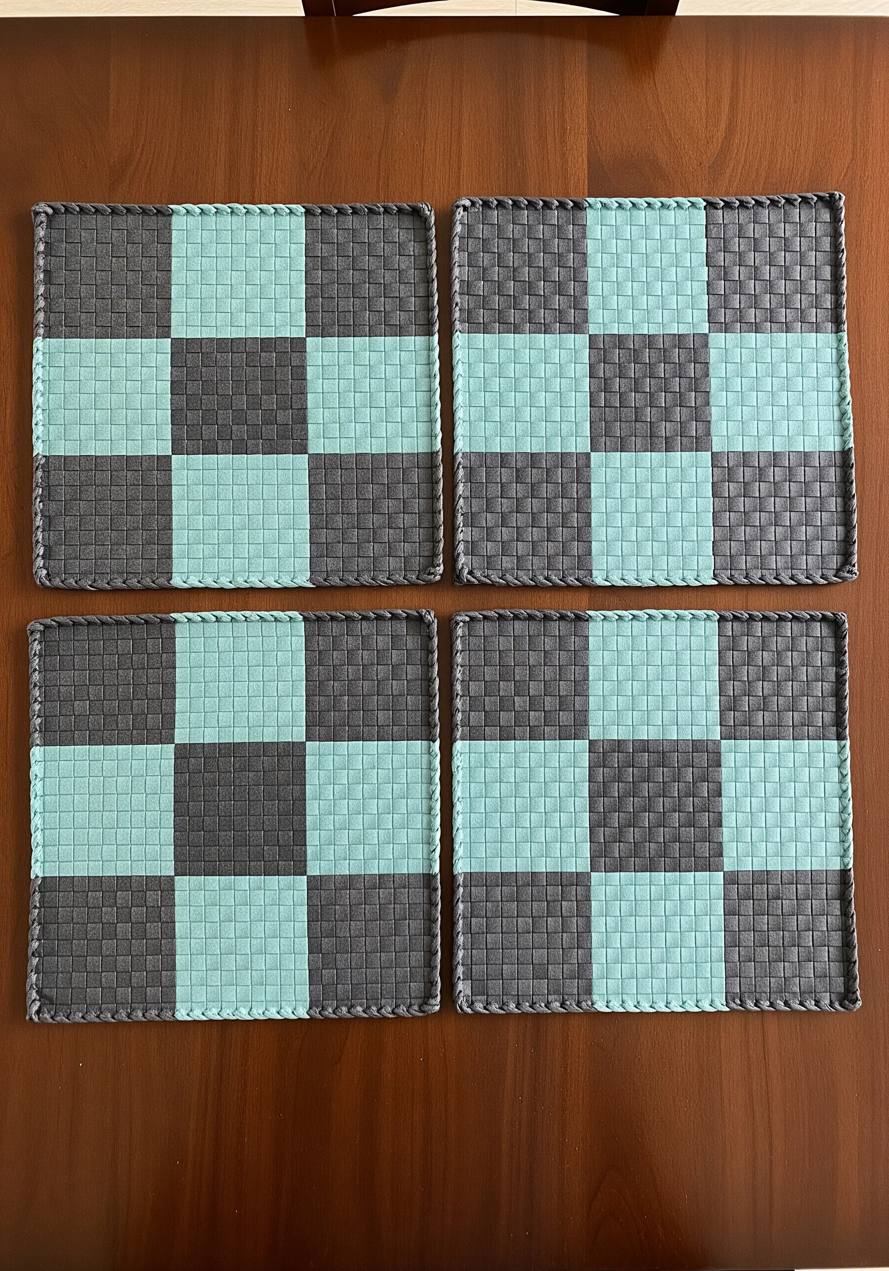Four woven placemats with a checkerboard design in gray and light blue.
