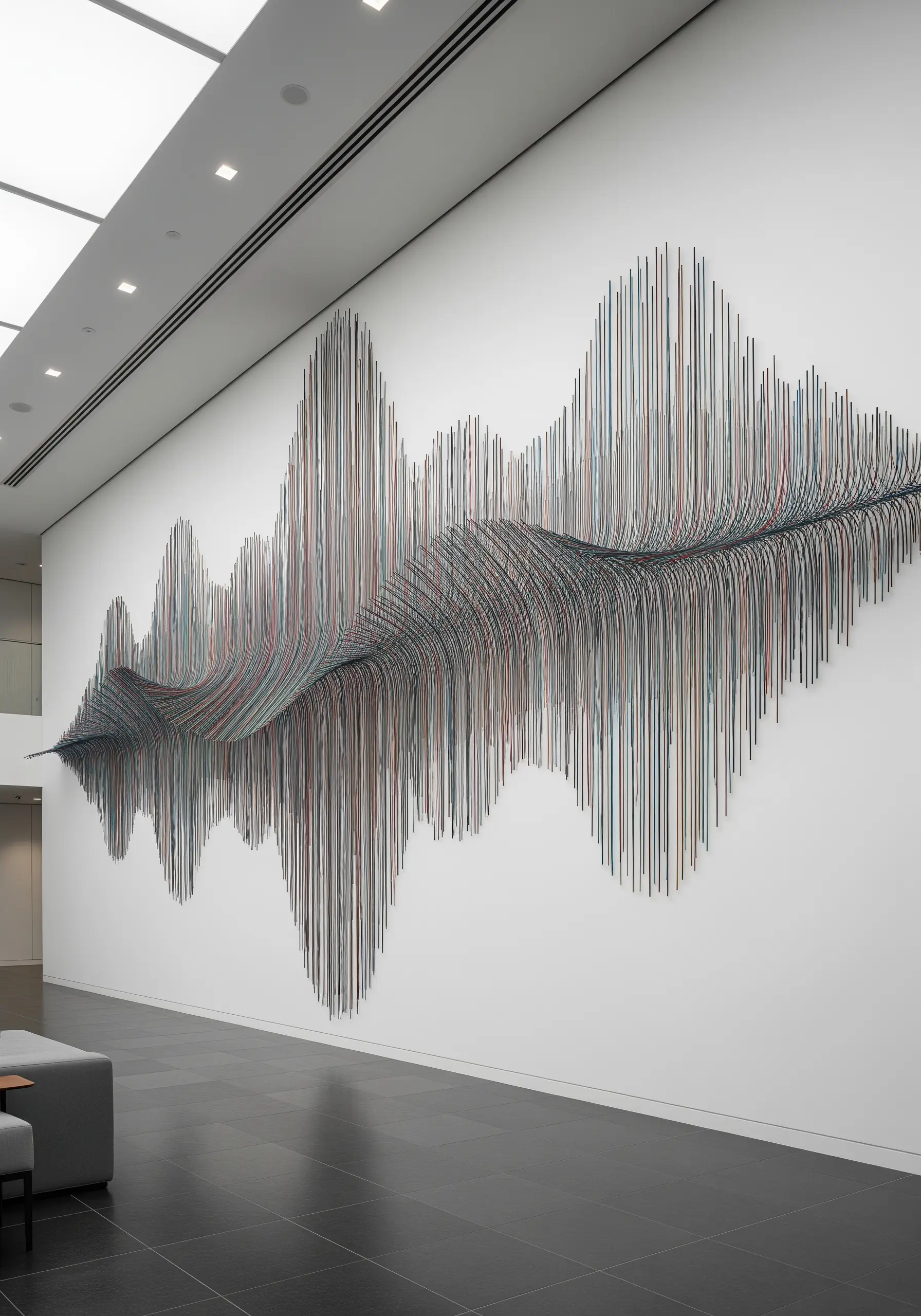 A massive wall sculpture of a flowing wave made from colorful threads stretched over a metal frame.