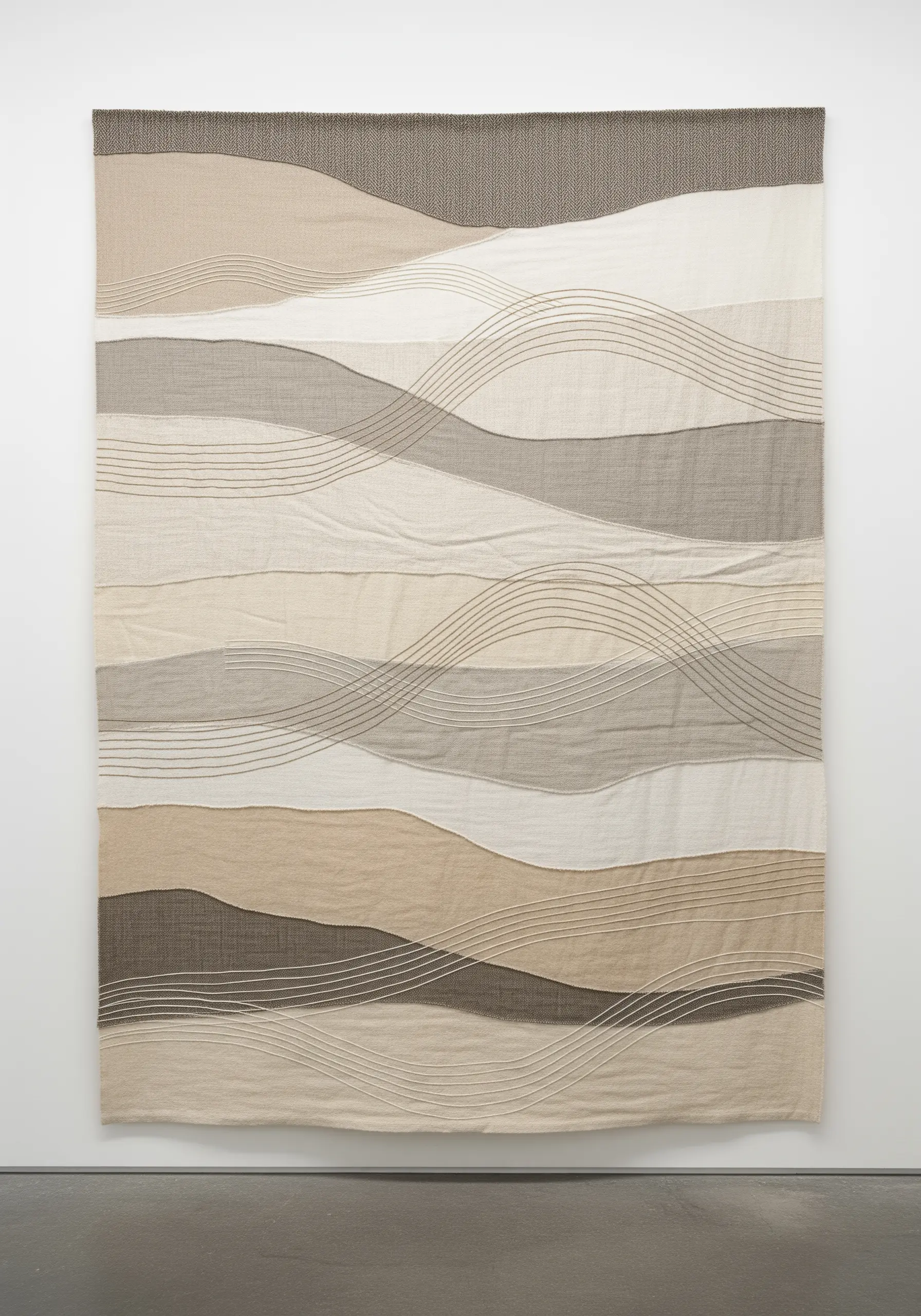 Large neutral-toned fabric collage with flowing, wavy stitched lines creating a sense of movement.