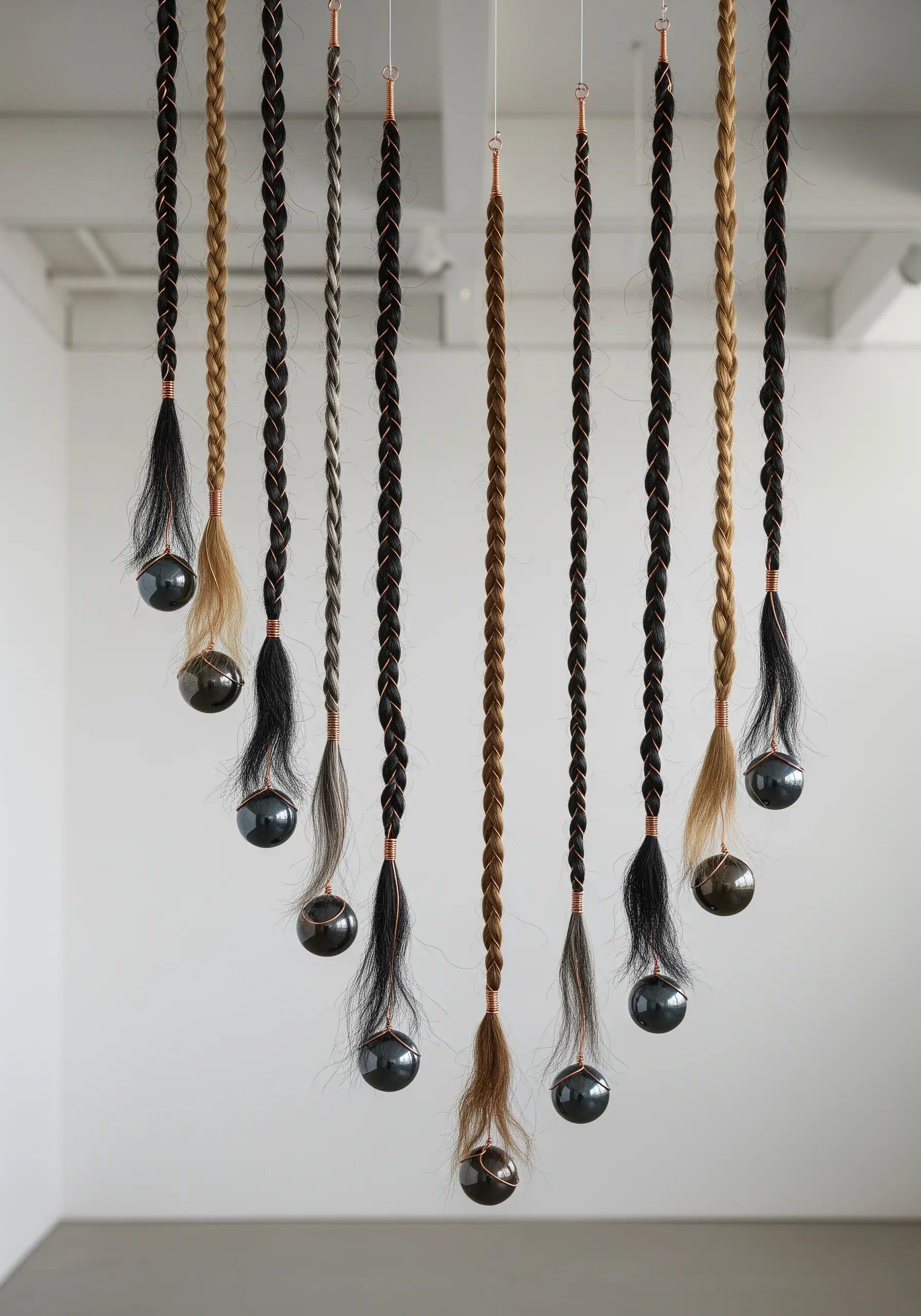An art installation of hanging braids made from different colored hair, weighted with dark orbs.