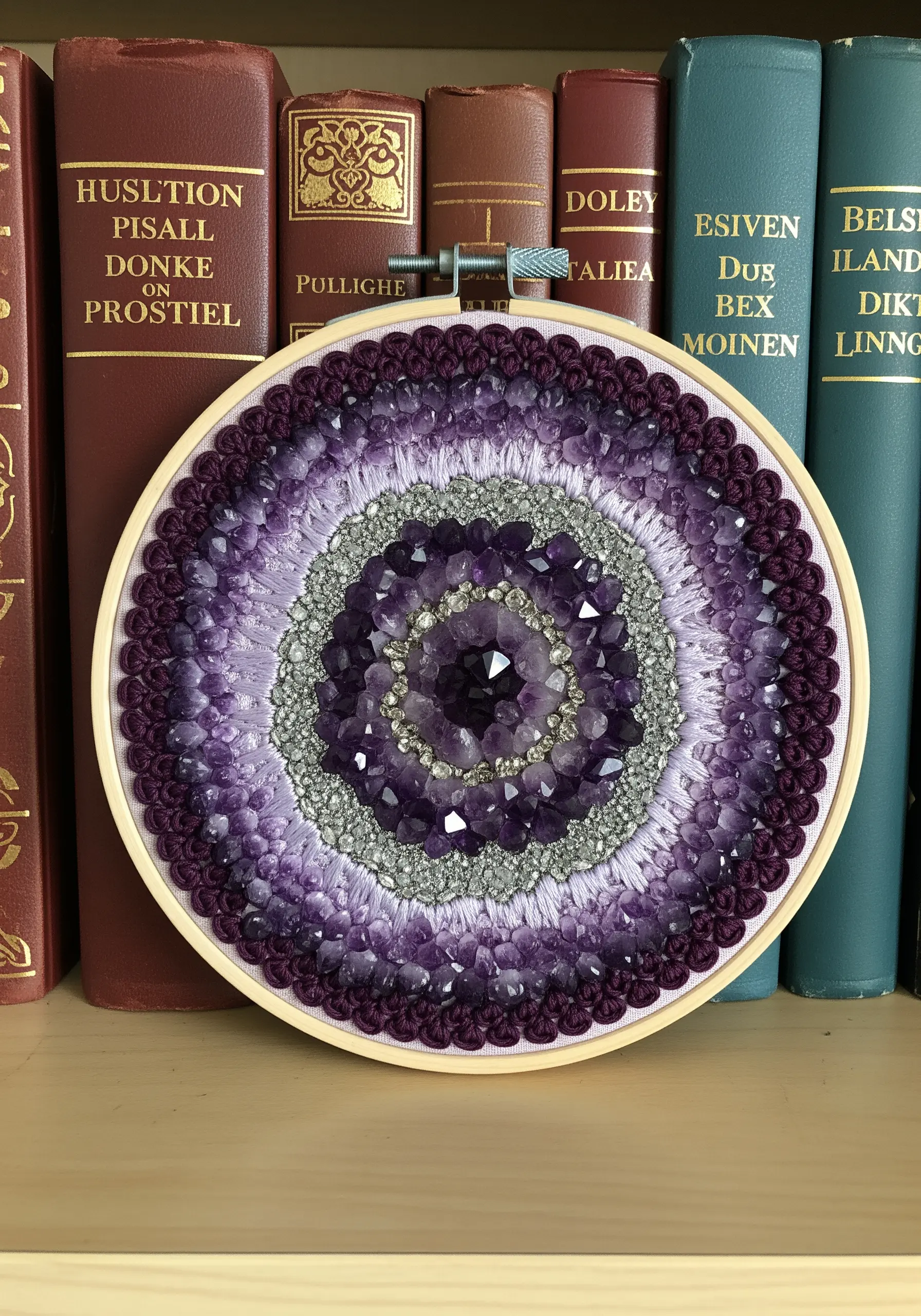Embroidered hoop art with concentric rings of purple thread and amethyst crystals.
