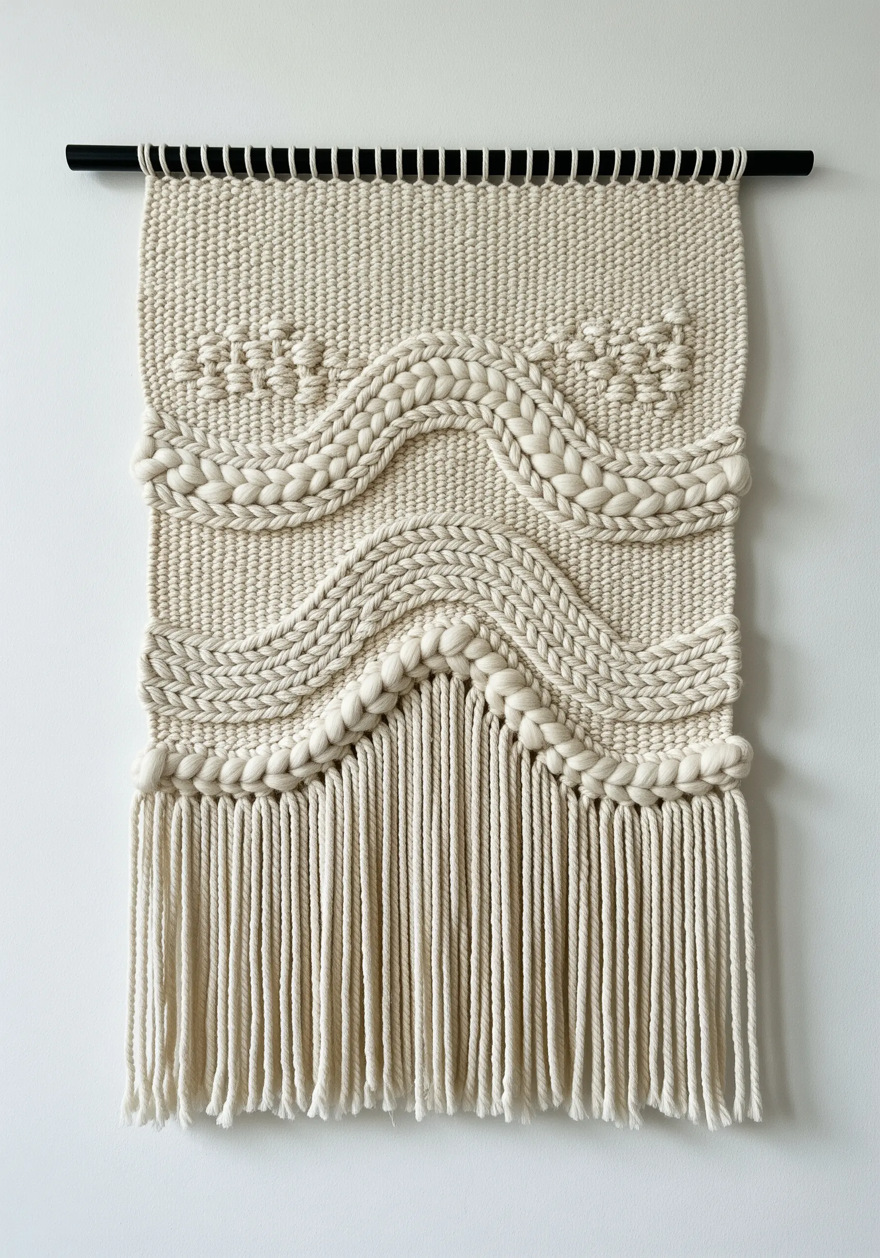 A neutral-toned woven wall hanging with sculptural, wavy braided textures flowing through it.