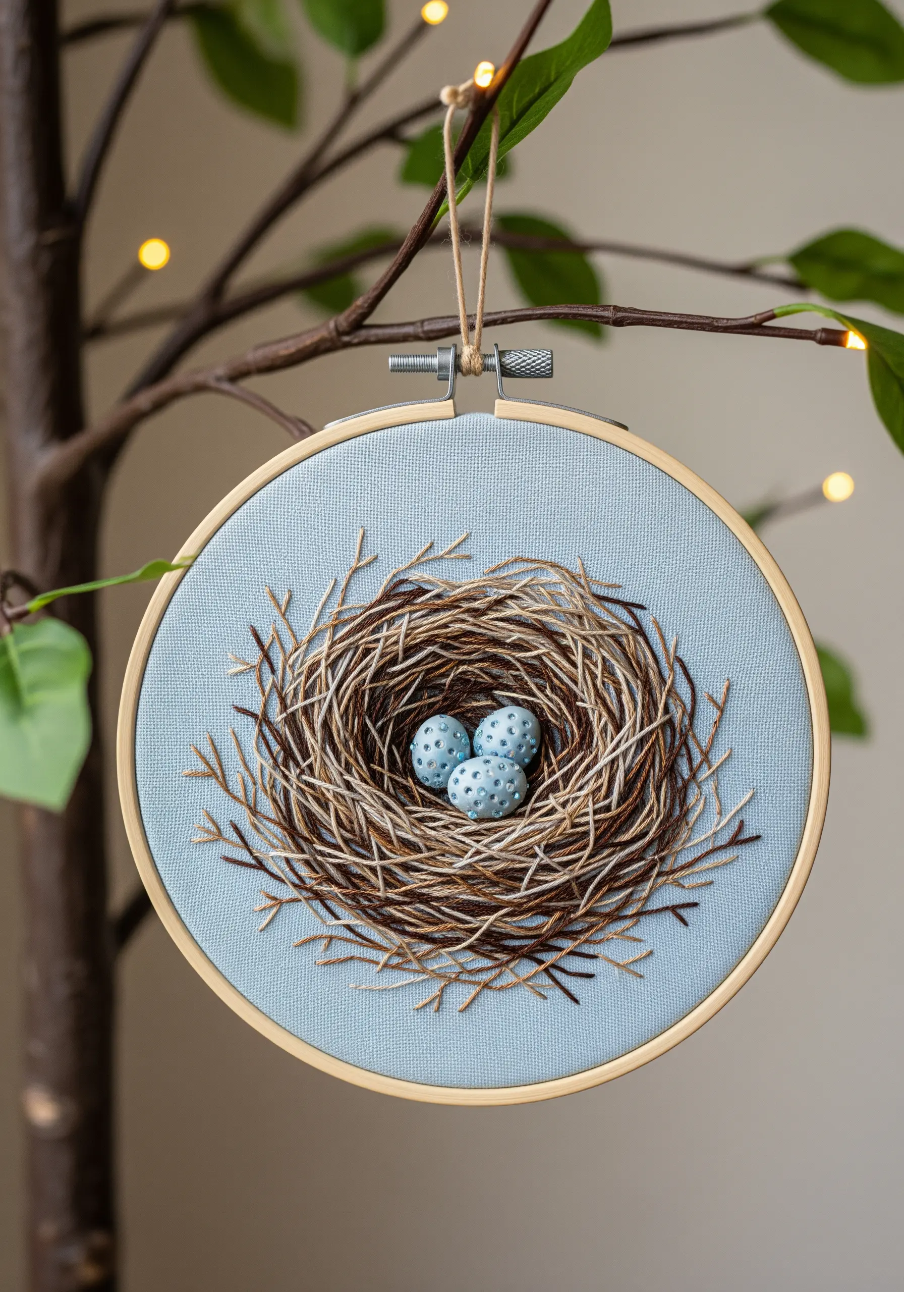 A realistically embroidered bird's nest with three speckled blue eggs inside.