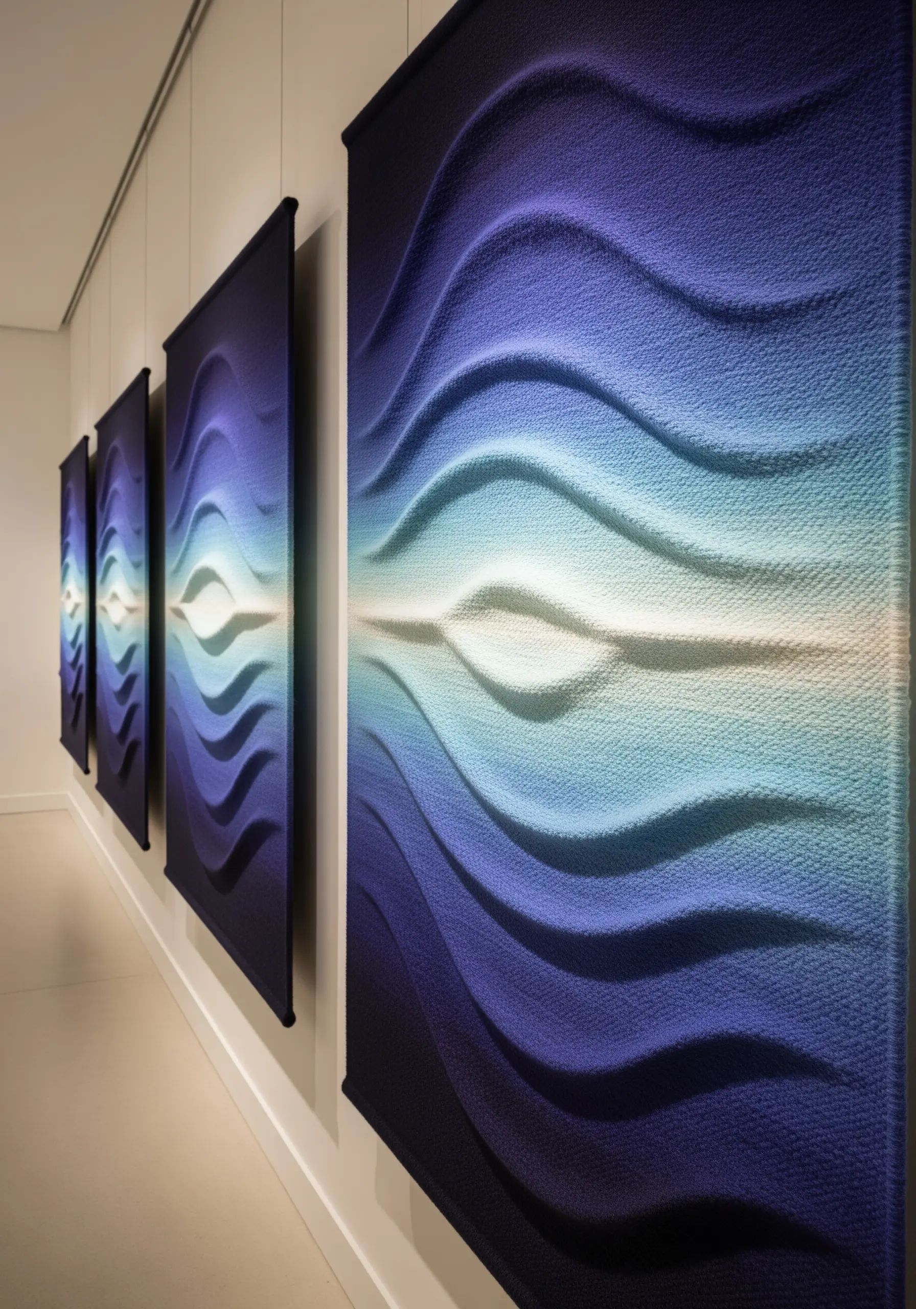A series of woven wall panels in shades of blue with 3D, undulating wave-like textures.