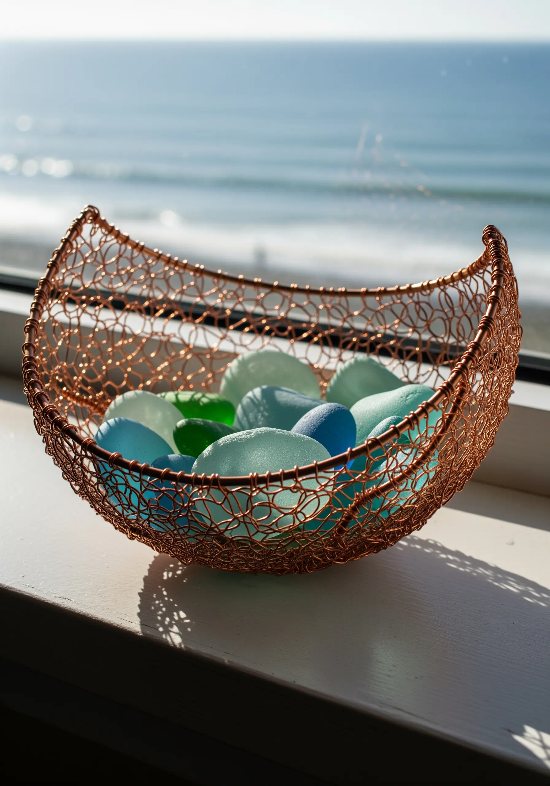A crescent-shaped bowl made from woven copper wire, holding pieces of sea glass.