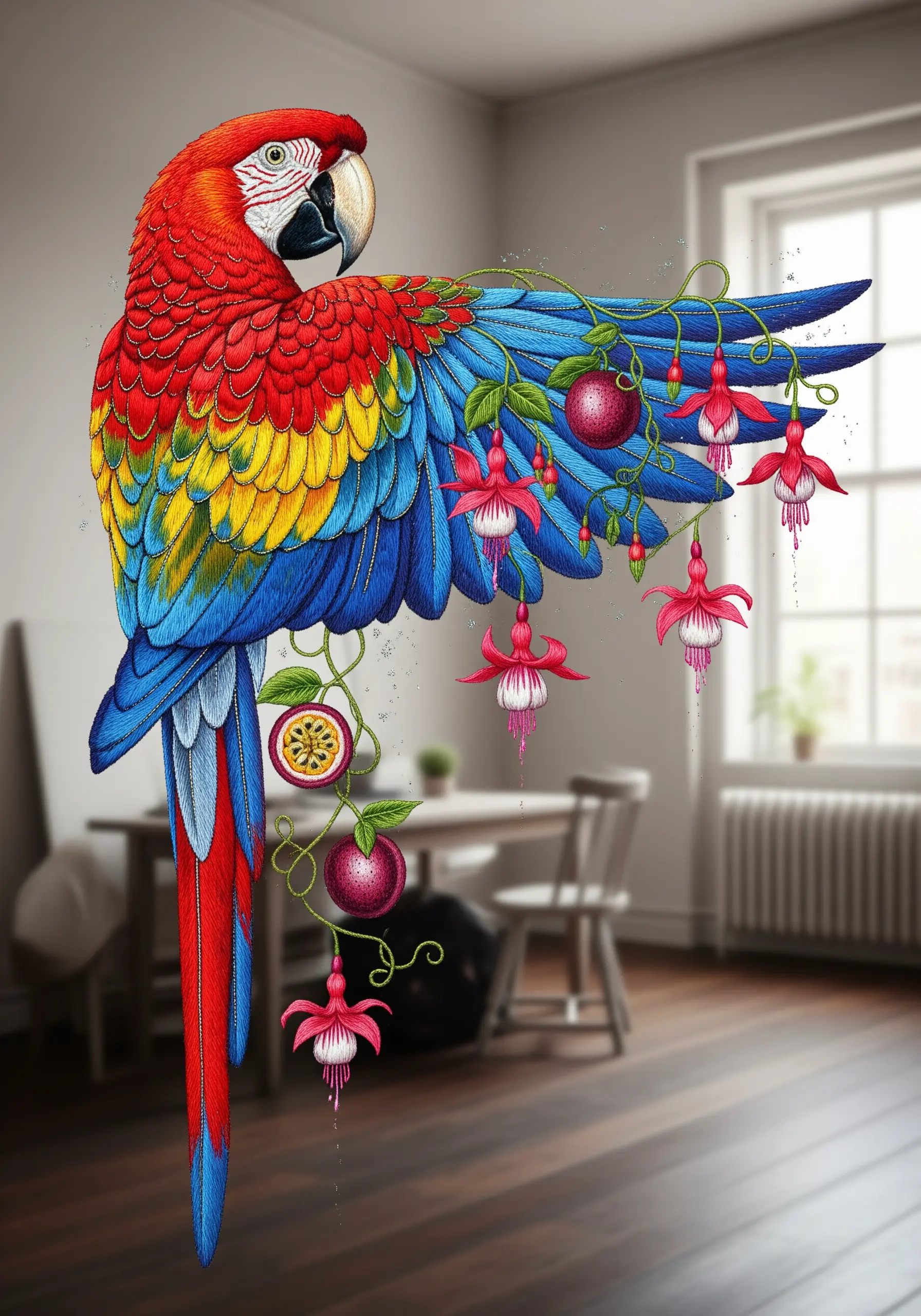 A surreal scarlet macaw with fuchsia flowers and passion fruit vines growing from its wings.
