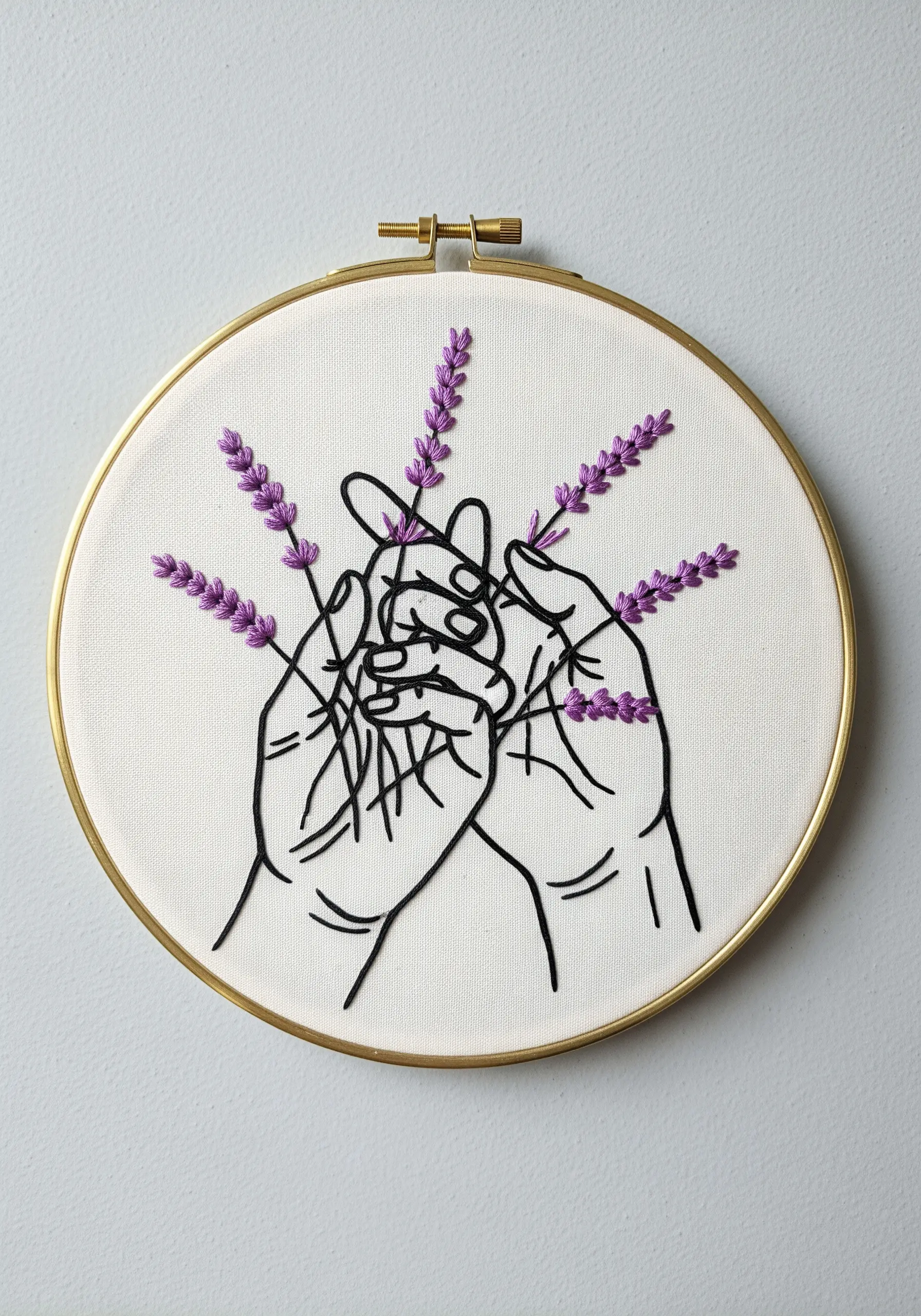 Intertwined line art hands holding lavender stitched with purple French knots.