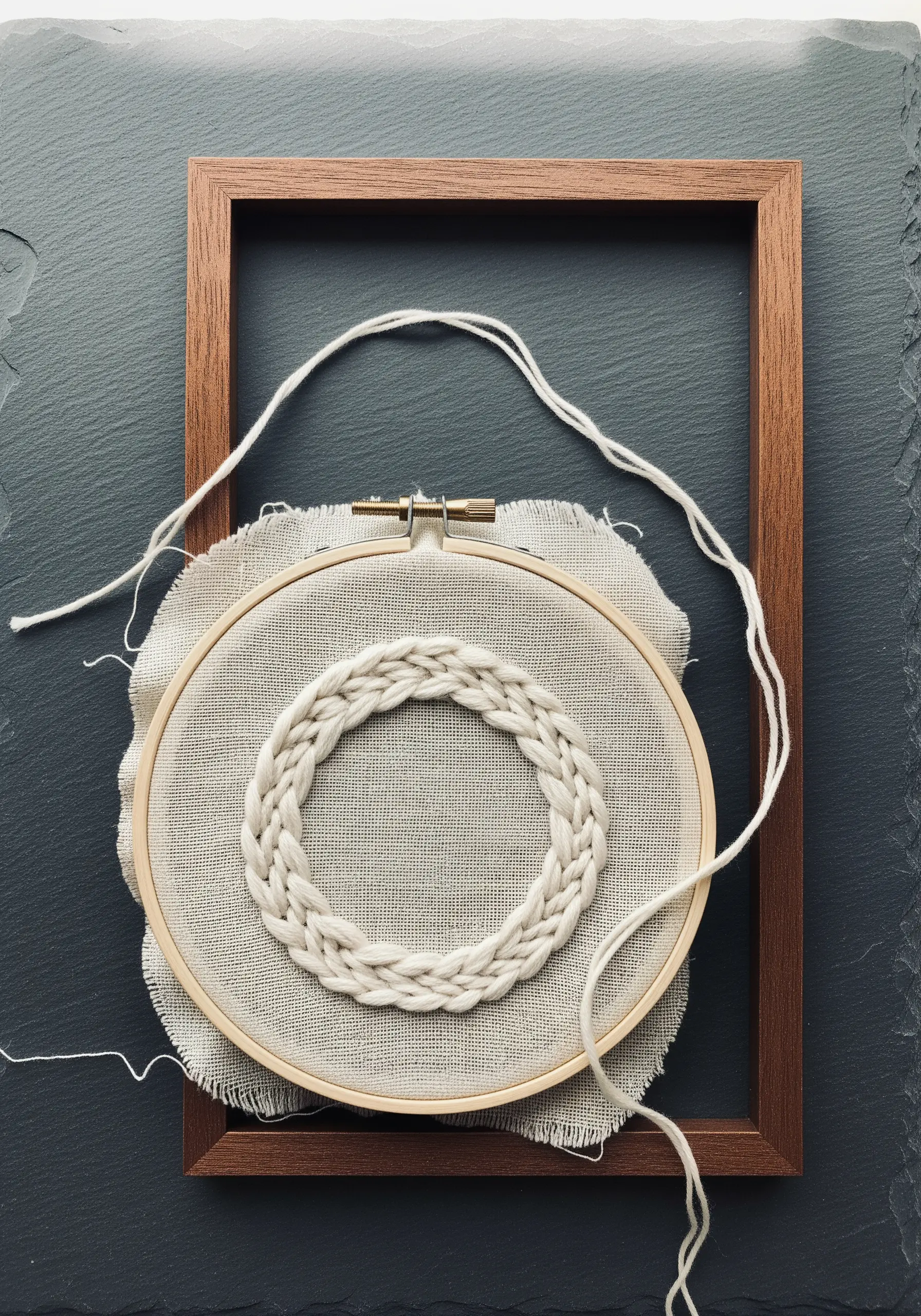 A woven circular shape made with thick, off-white yarn in an embroidery hoop.