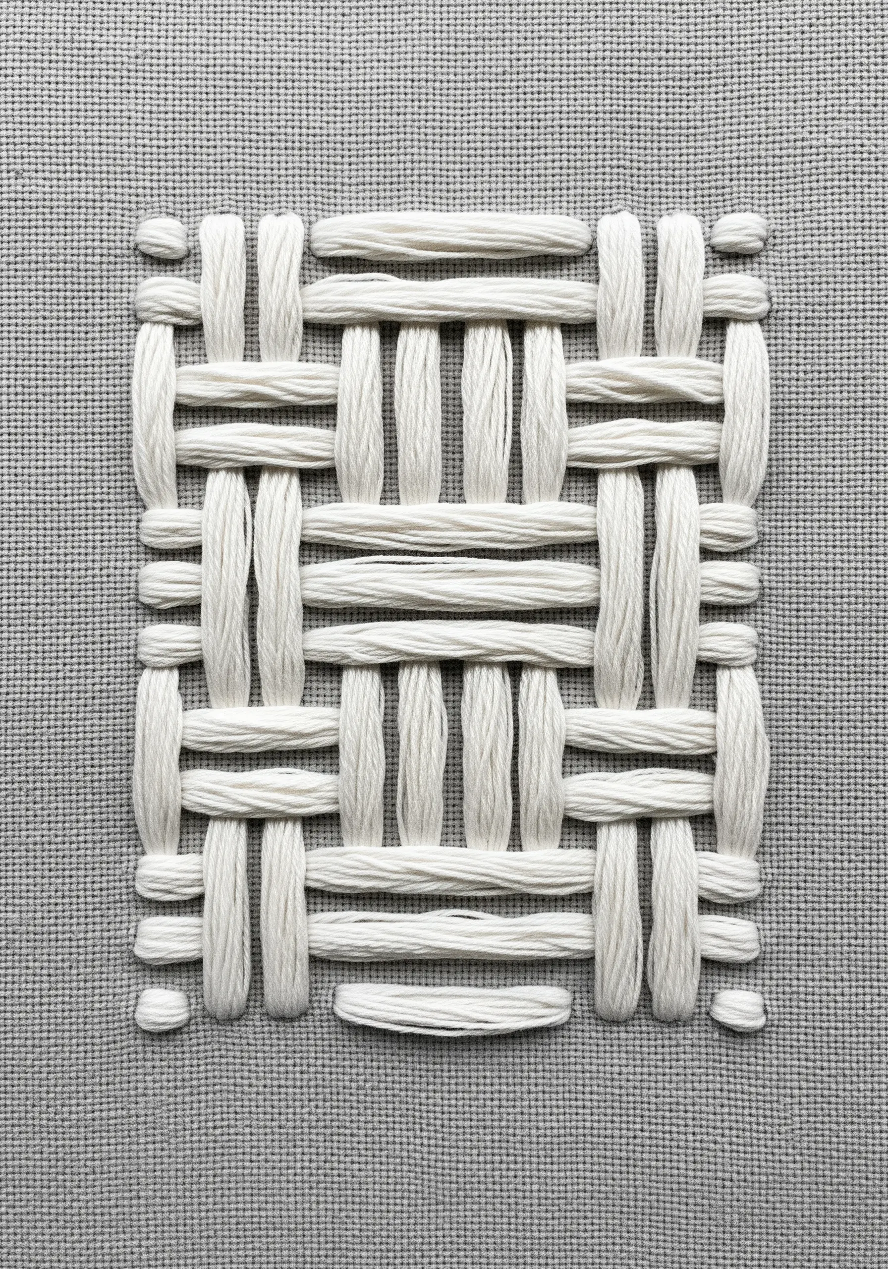 A square of woven stitches using thick white thread on gray fabric.