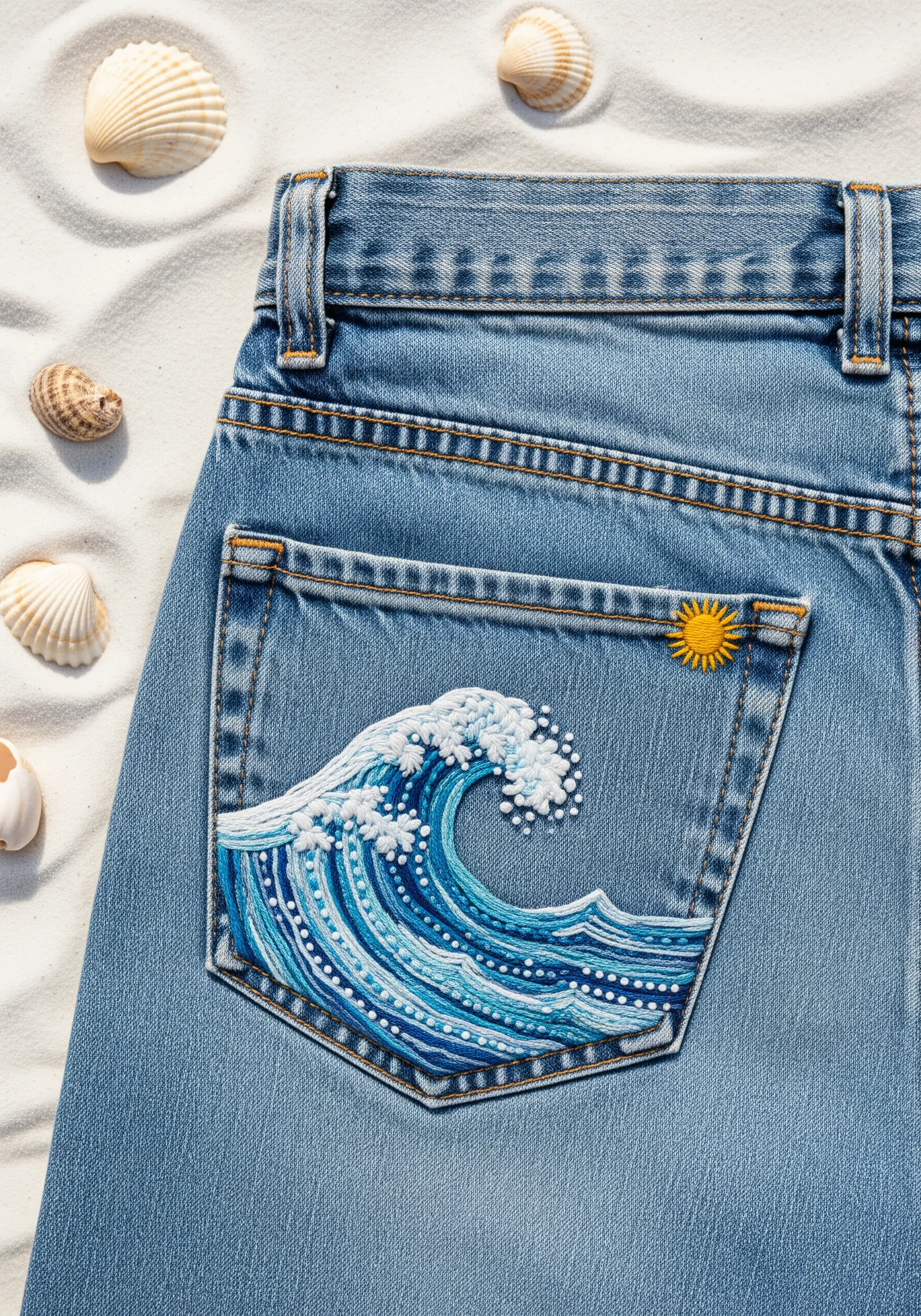 Embroidered ocean wave on a jean pocket, using French knots for foam and layered blue threads.