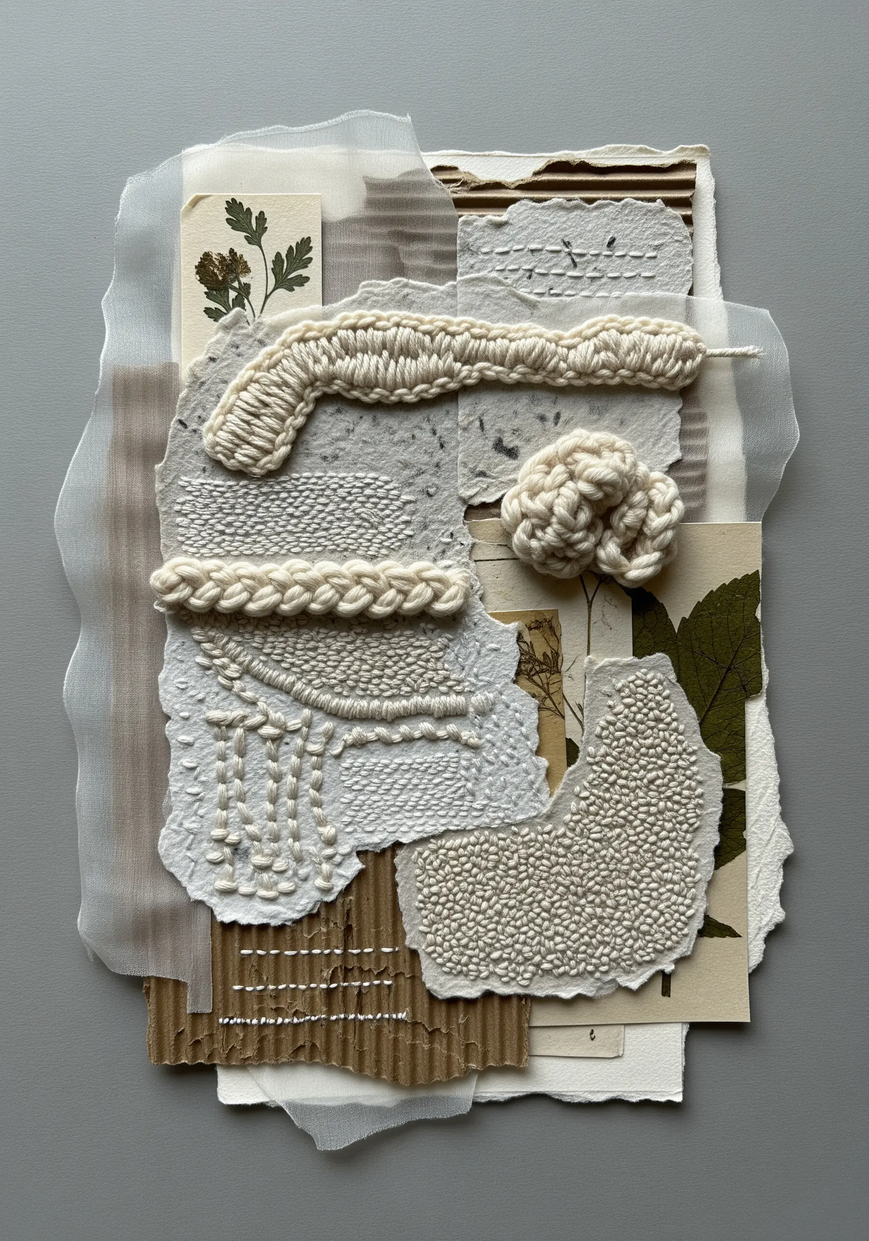 A neutral-toned abstract collage featuring woven, braided, and knotted yarn and thread.