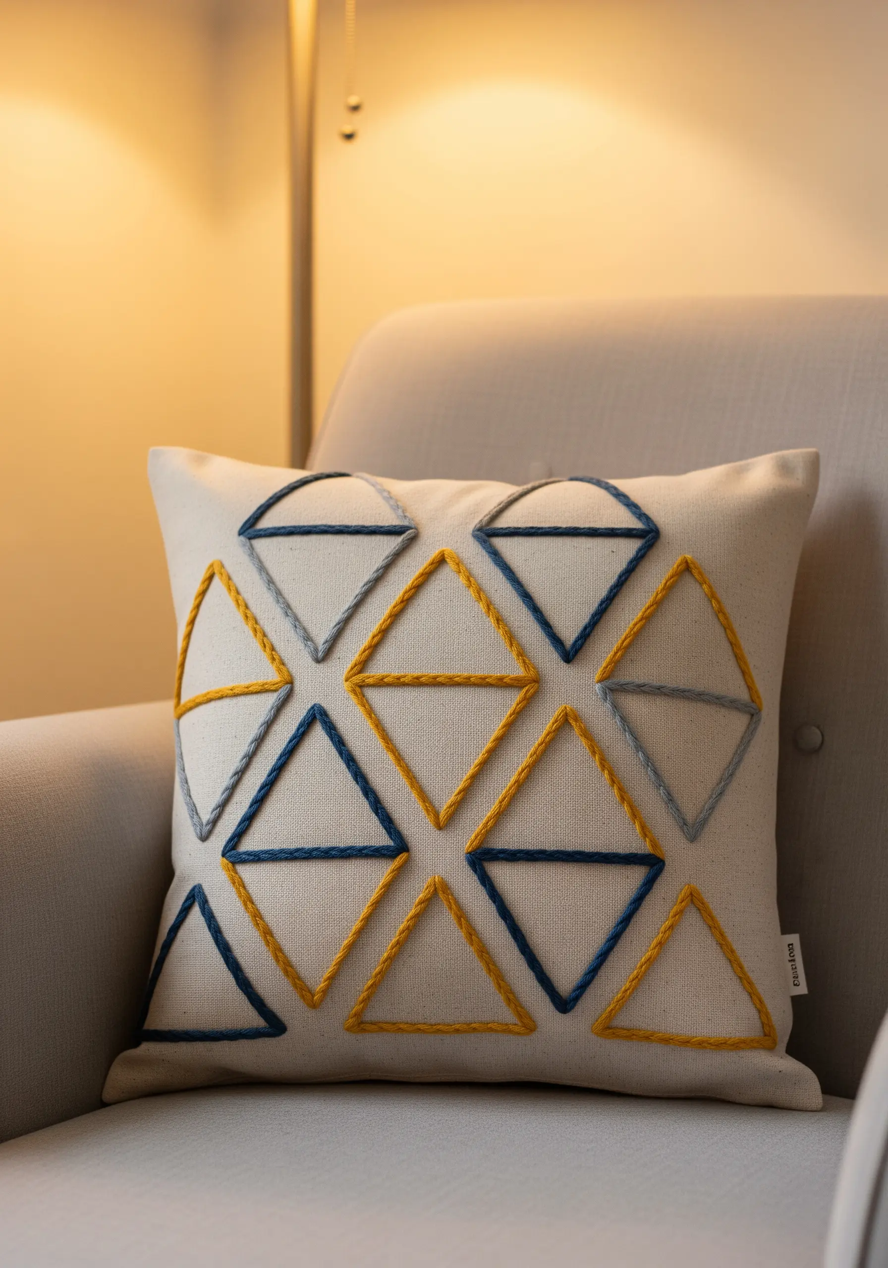 Geometric diamond pattern in yellow and blue yarn stitched on a beige cushion.