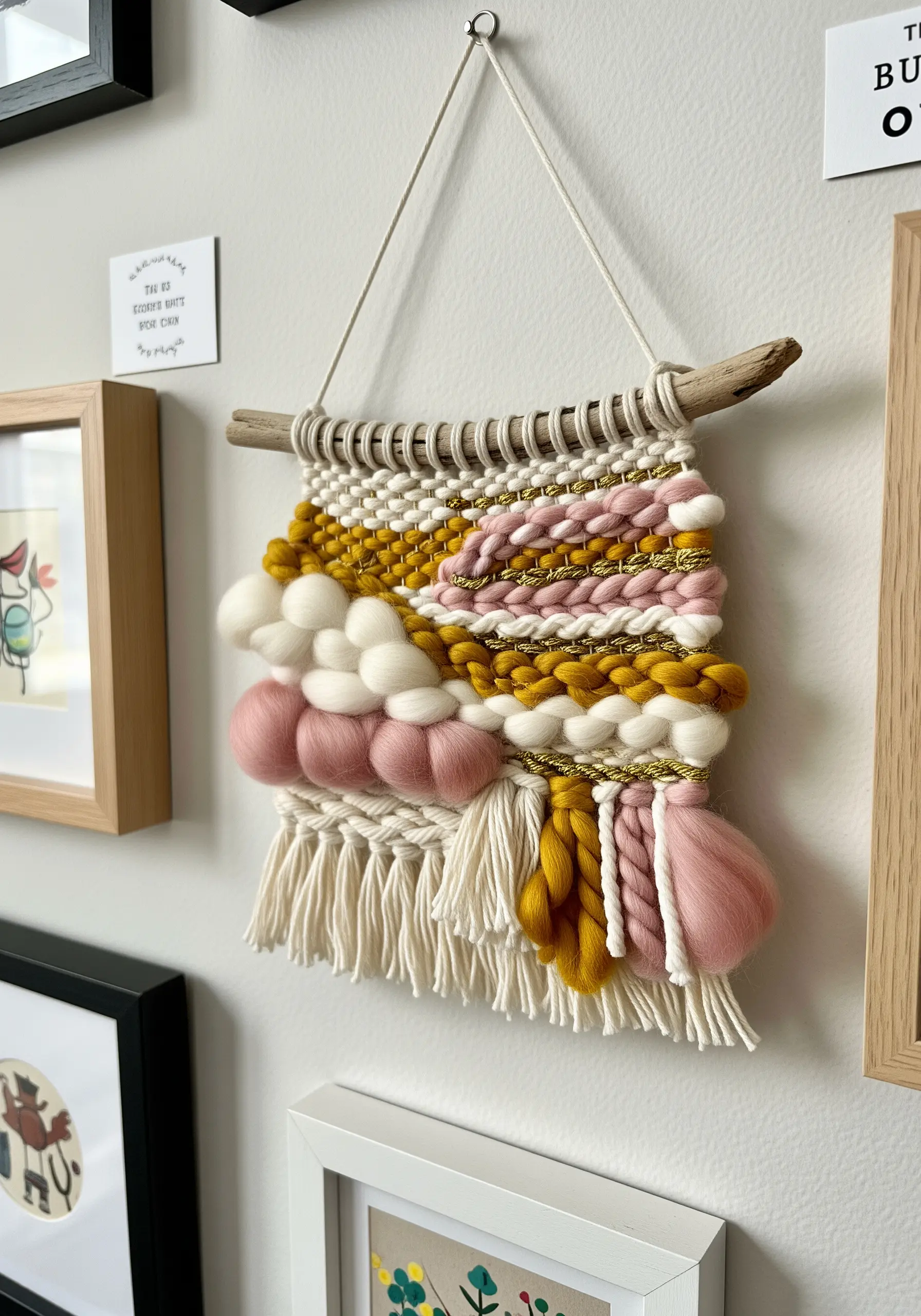 A small, textural woven wall hanging with pink, yellow, and white yarn on a gallery wall.