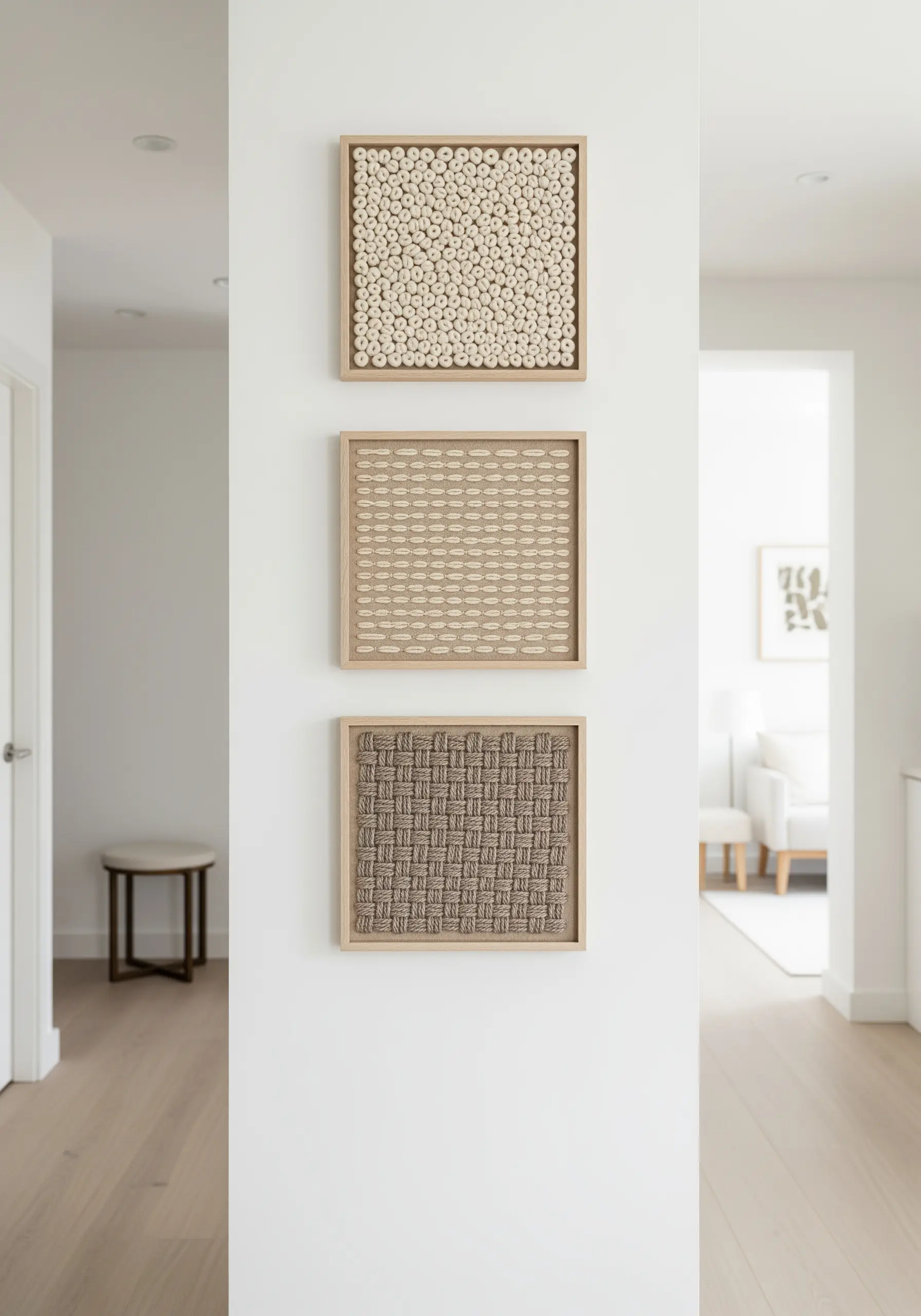 A triptych of framed neutral embroideries, each exploring a different weaving or knotting texture