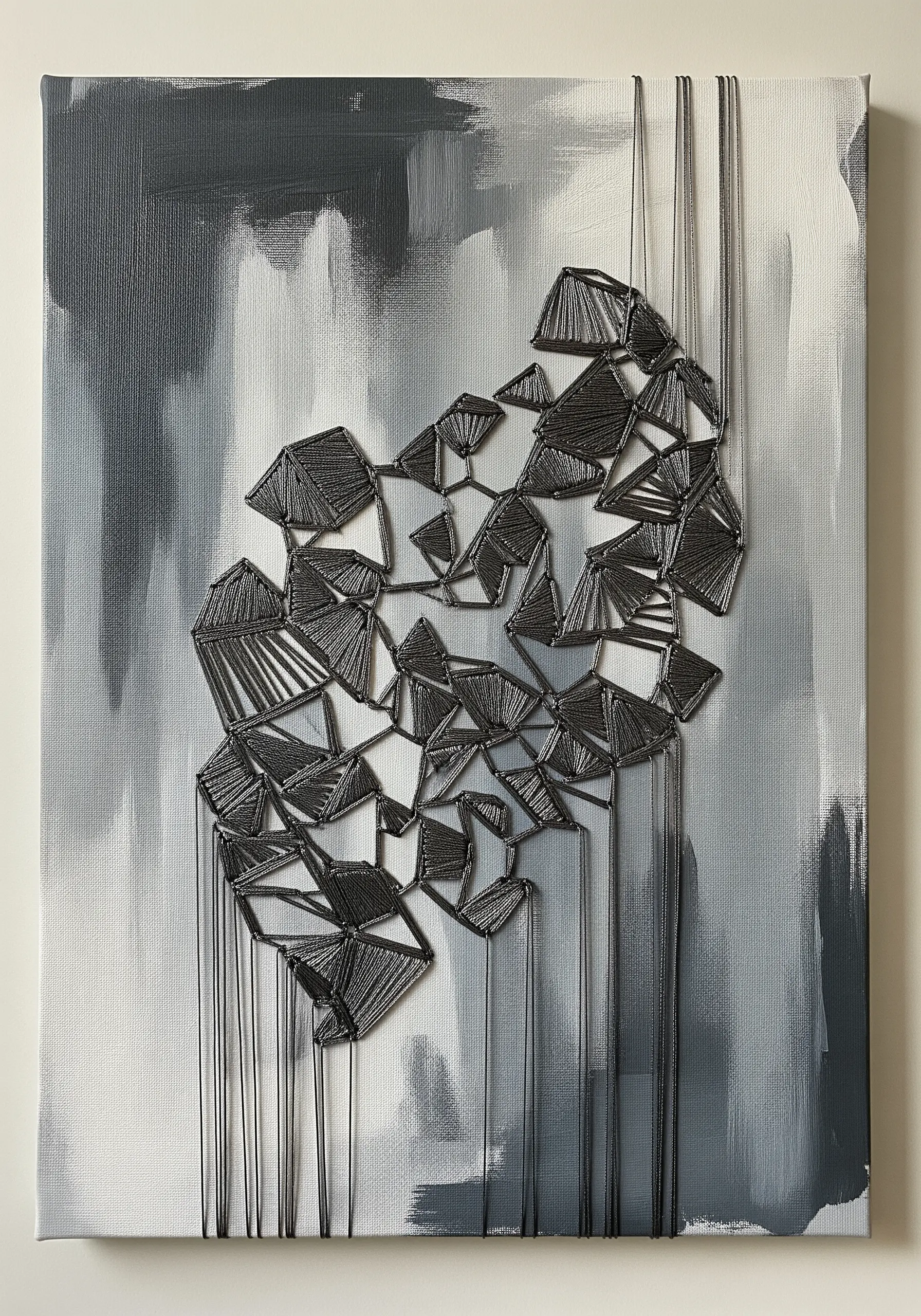 A painted canvas with an abstract geometric overlay of dark metallic thread.