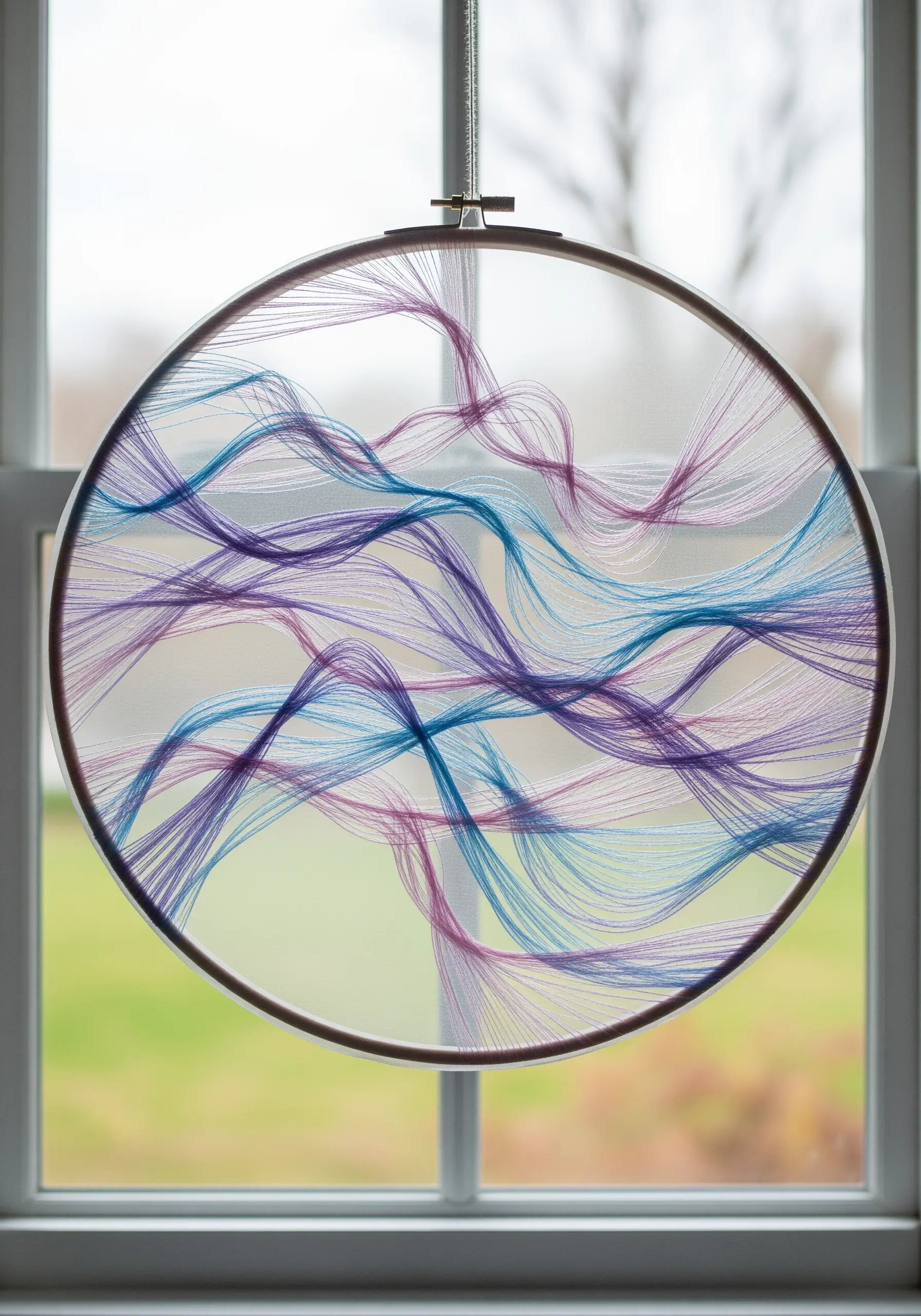 Abstract waves of blue and purple thread stretched across a hoop with sheer fabric, held up to a window.