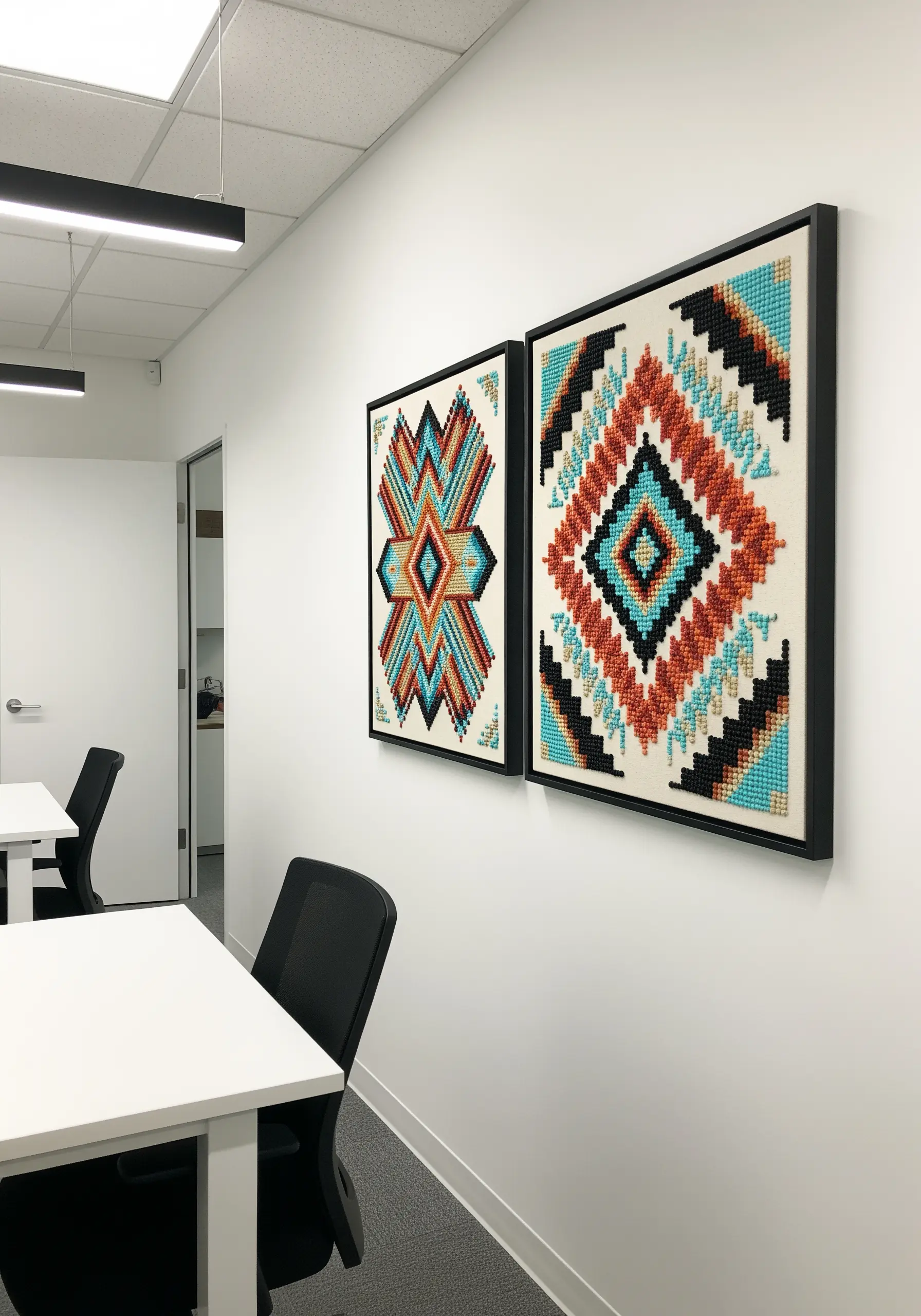 Two framed embroidery pieces with geometric patterns inspired by Southwestern textiles.