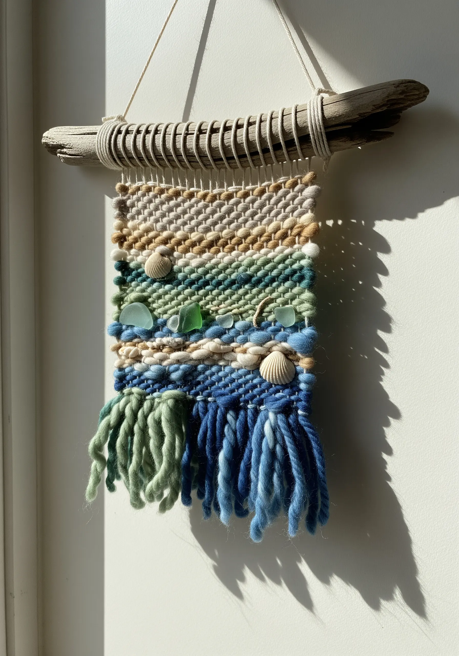 A small woven wall hanging with blue and green tones, incorporating sea glass and shells.
