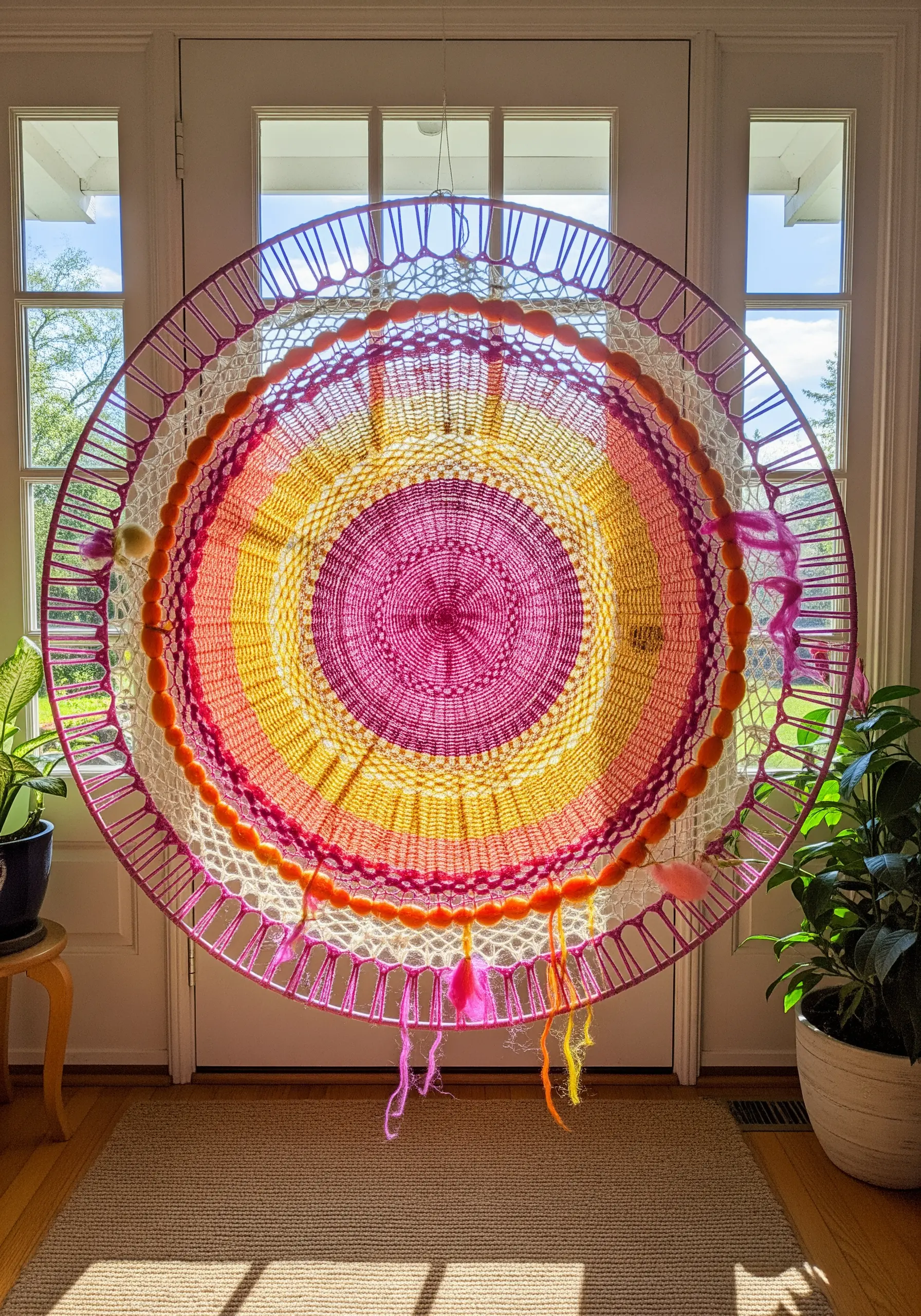 Large, circular weaving in a hoop with a radiant pink and yellow gradient pattern.