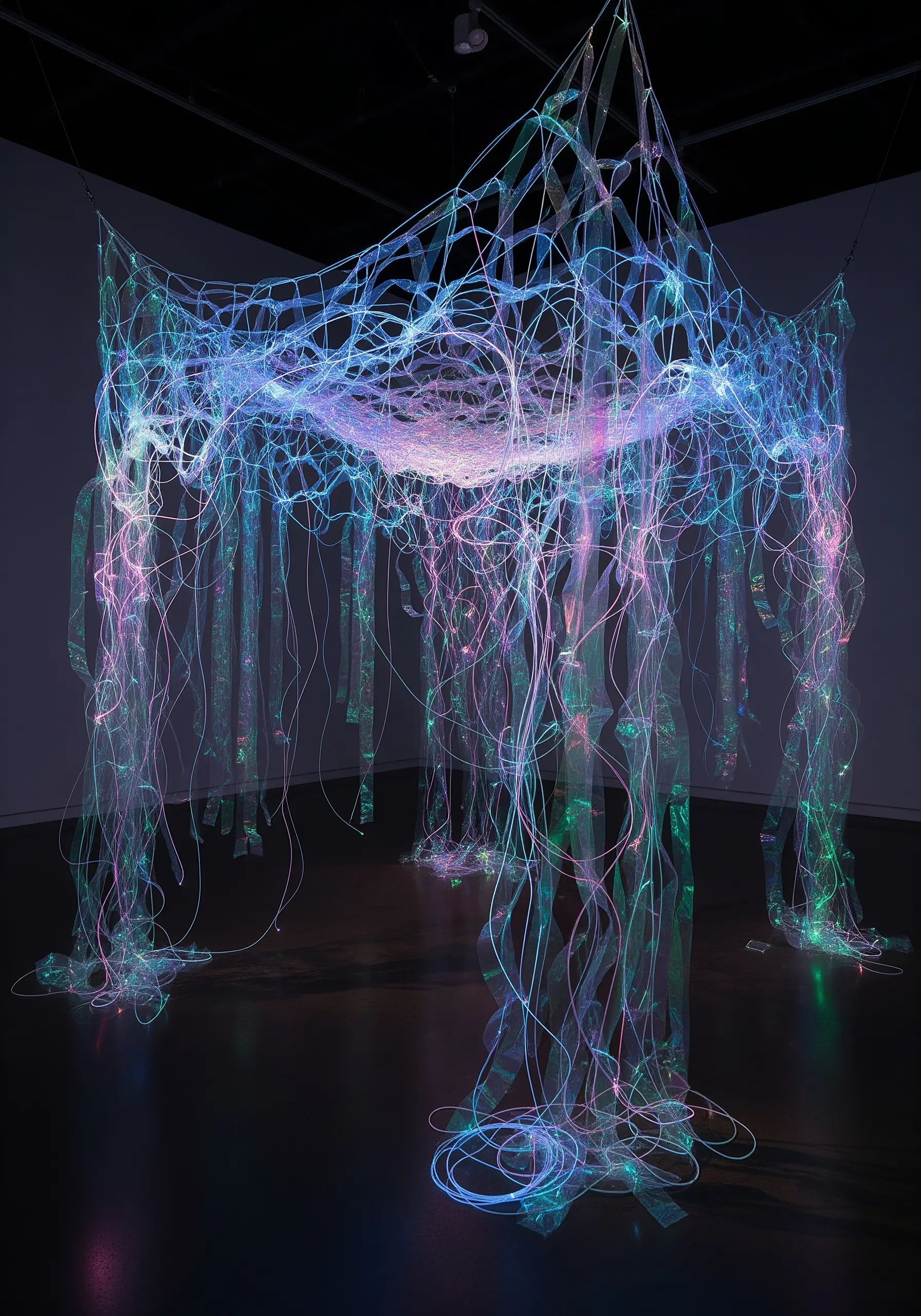 A glowing, web-like fiber art installation made of iridescent materials and fiber optics.