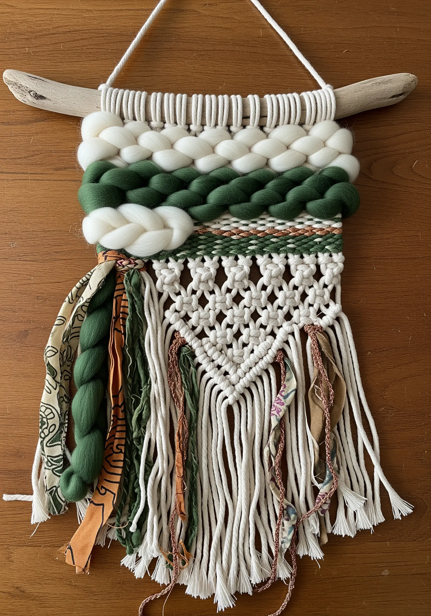 Mixed-fiber wall hanging with macrame, wool roving, and fabric strips on driftwood.