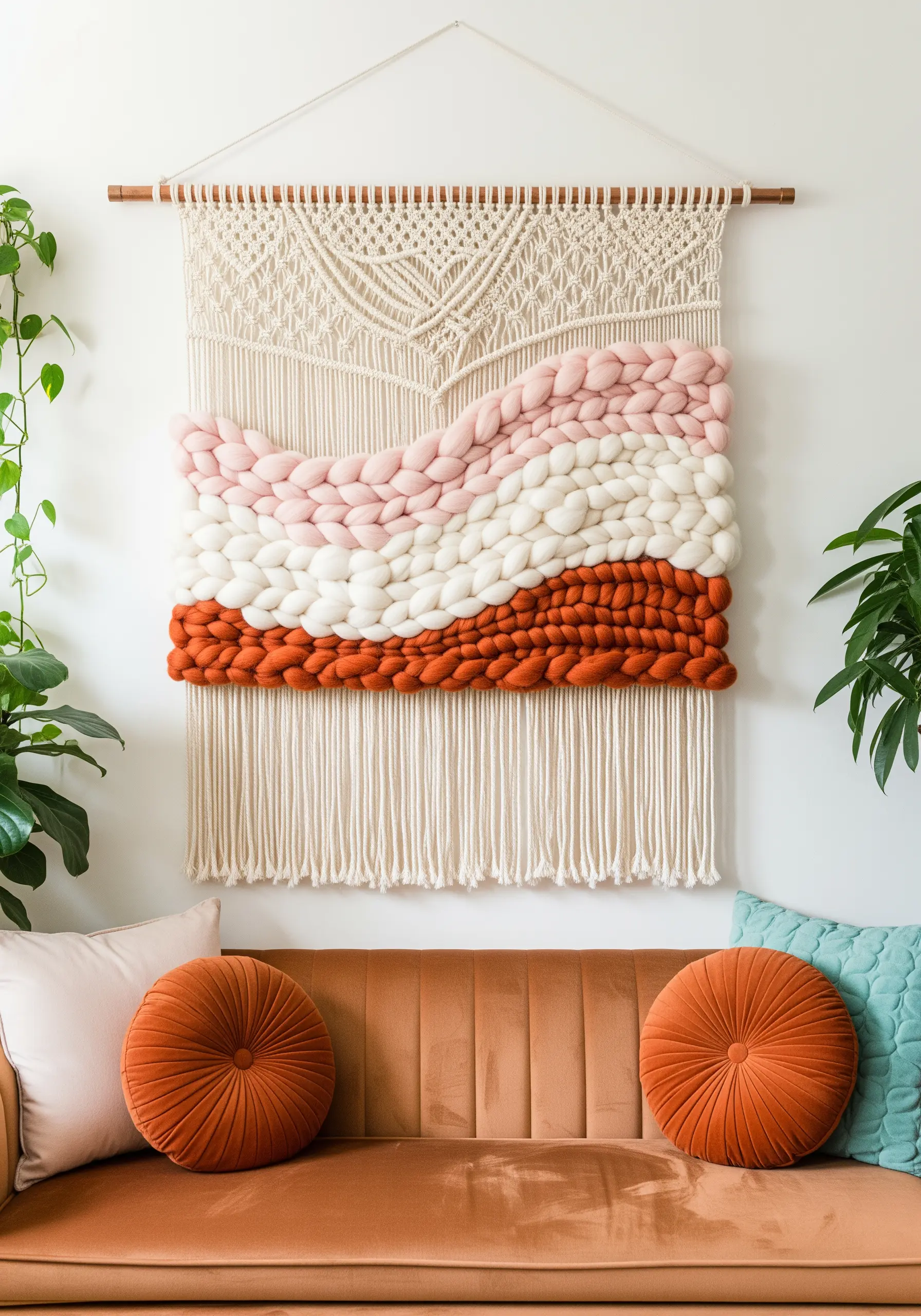 Large woven wall hanging with chunky pink, white, and rust-colored yarn.