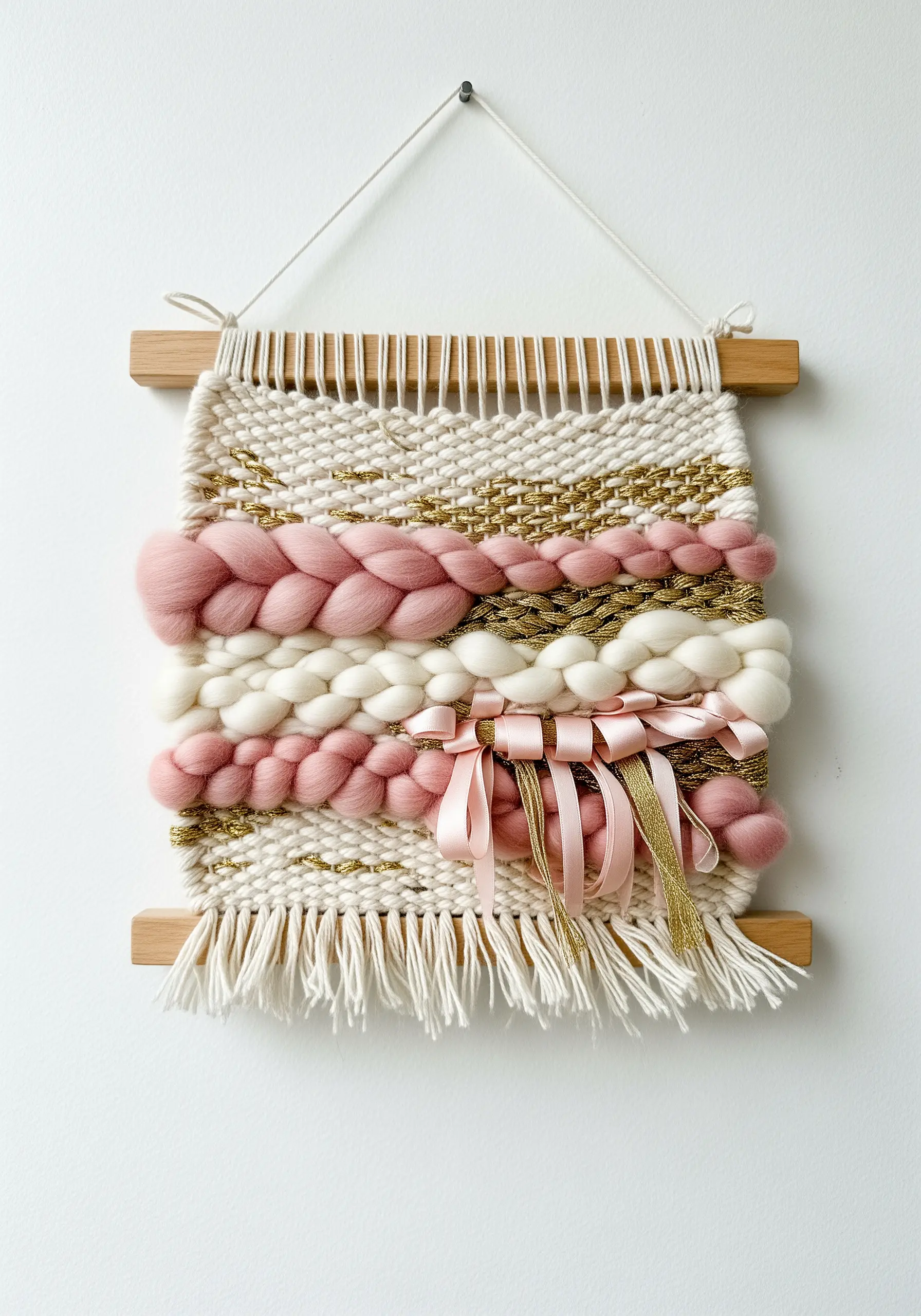 A small woven wall hanging with mixed textures, including chunky pink wool and gold ribbon.