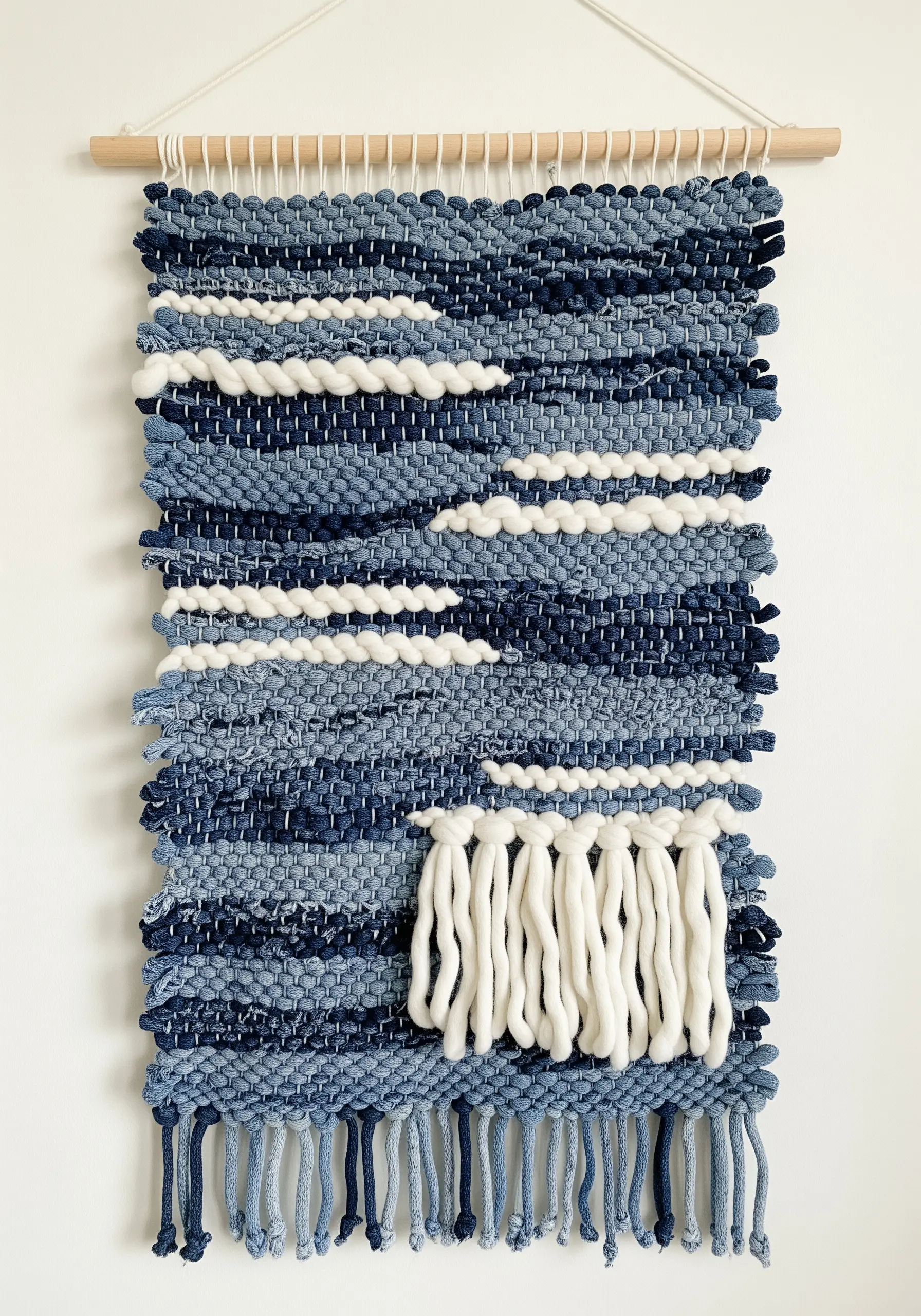 A woven wall hanging made from strips of blue denim and chunky white yarn.