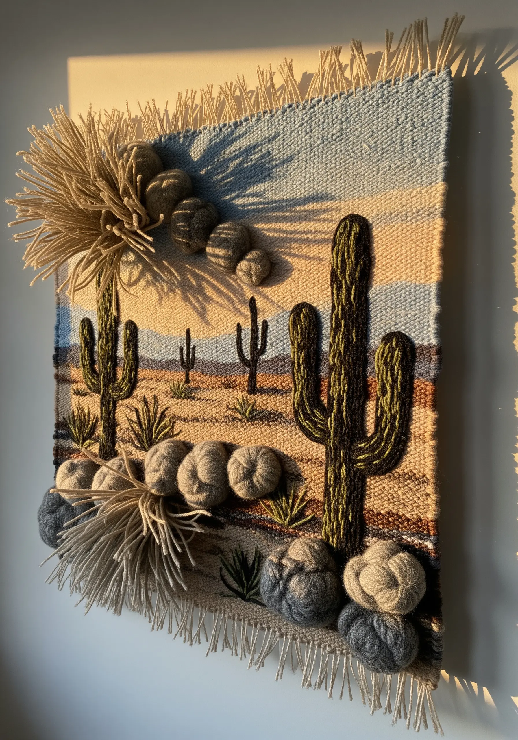 A woven tapestry of a desert scene with 3D cacti and bushes emerging from the surface.