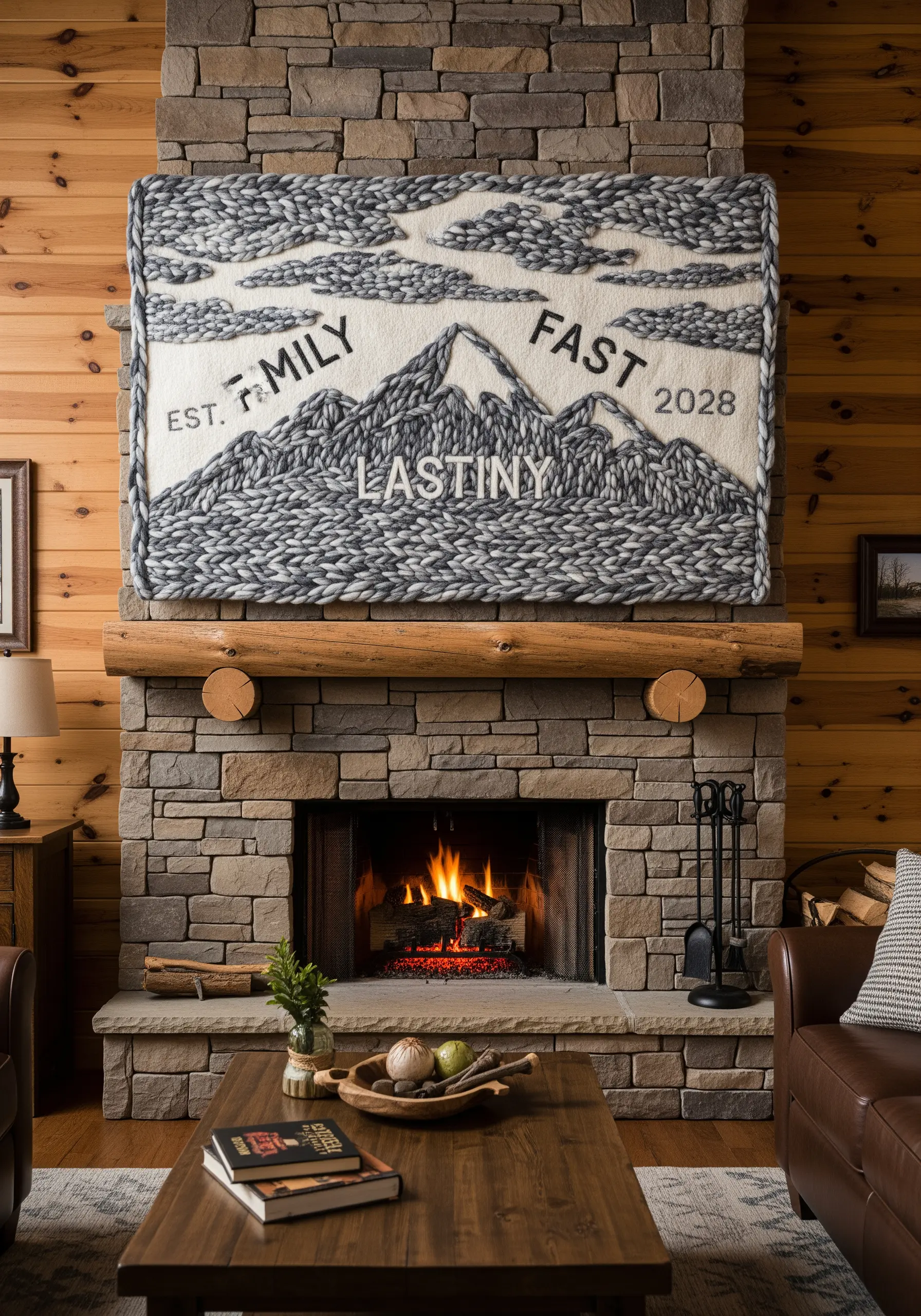 A large, textured wall hanging of a mountain scene made with chunky yarn.