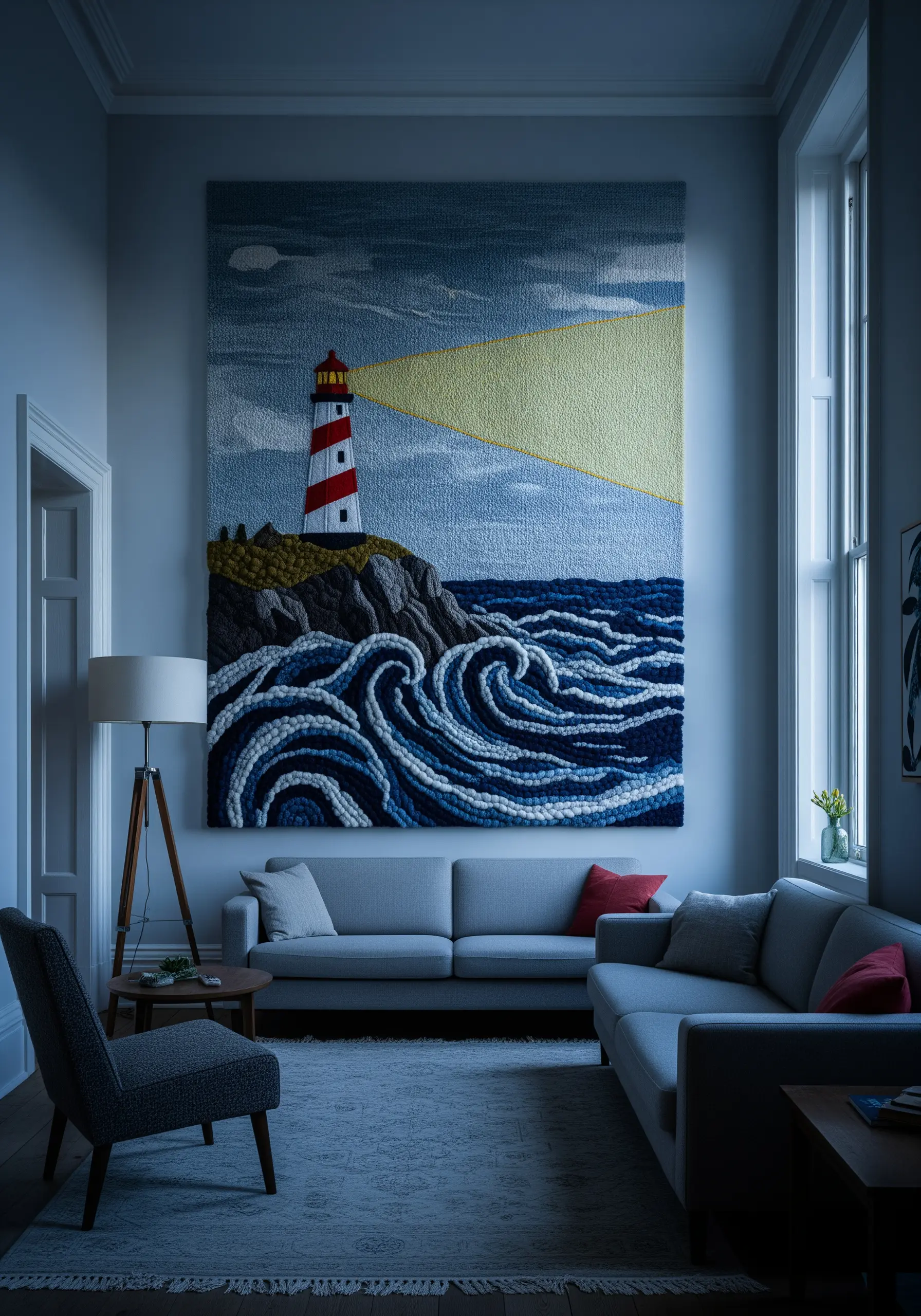 A large, textured tapestry of a lighthouse and stormy sea, using chunky yarn for the waves.
