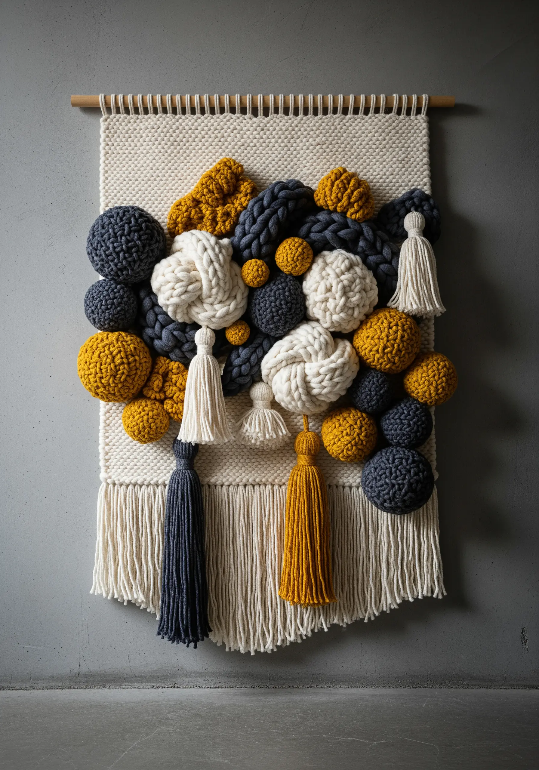 A woven wall hanging with chunky mustard, cream, and charcoal knots and tassels.