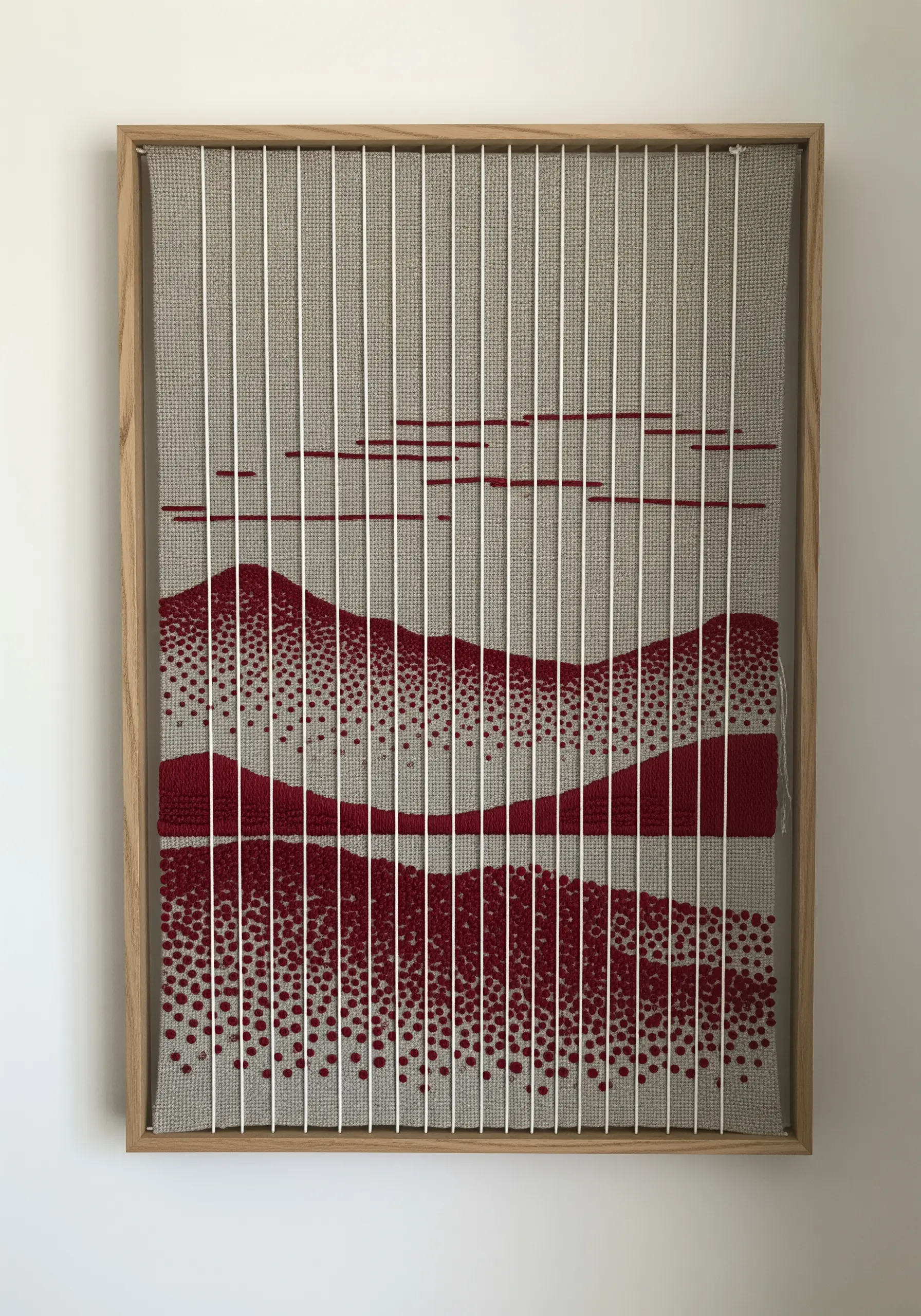 An embroidered landscape in red and beige, viewed through a grid of vertical white bars.