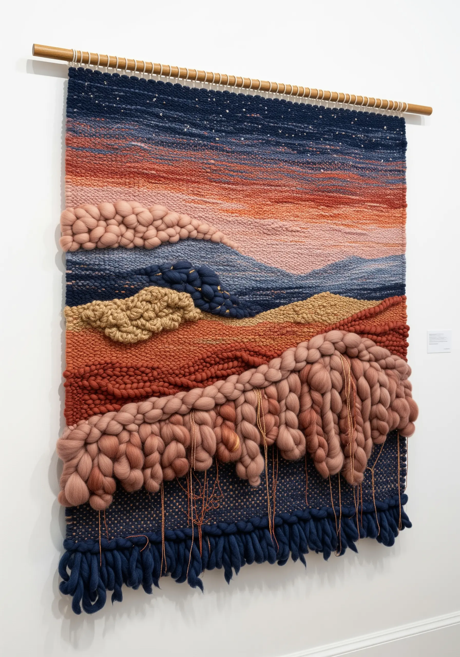 Woven wall hanging with a textured landscape using thick merino wool roving and fine yarn.