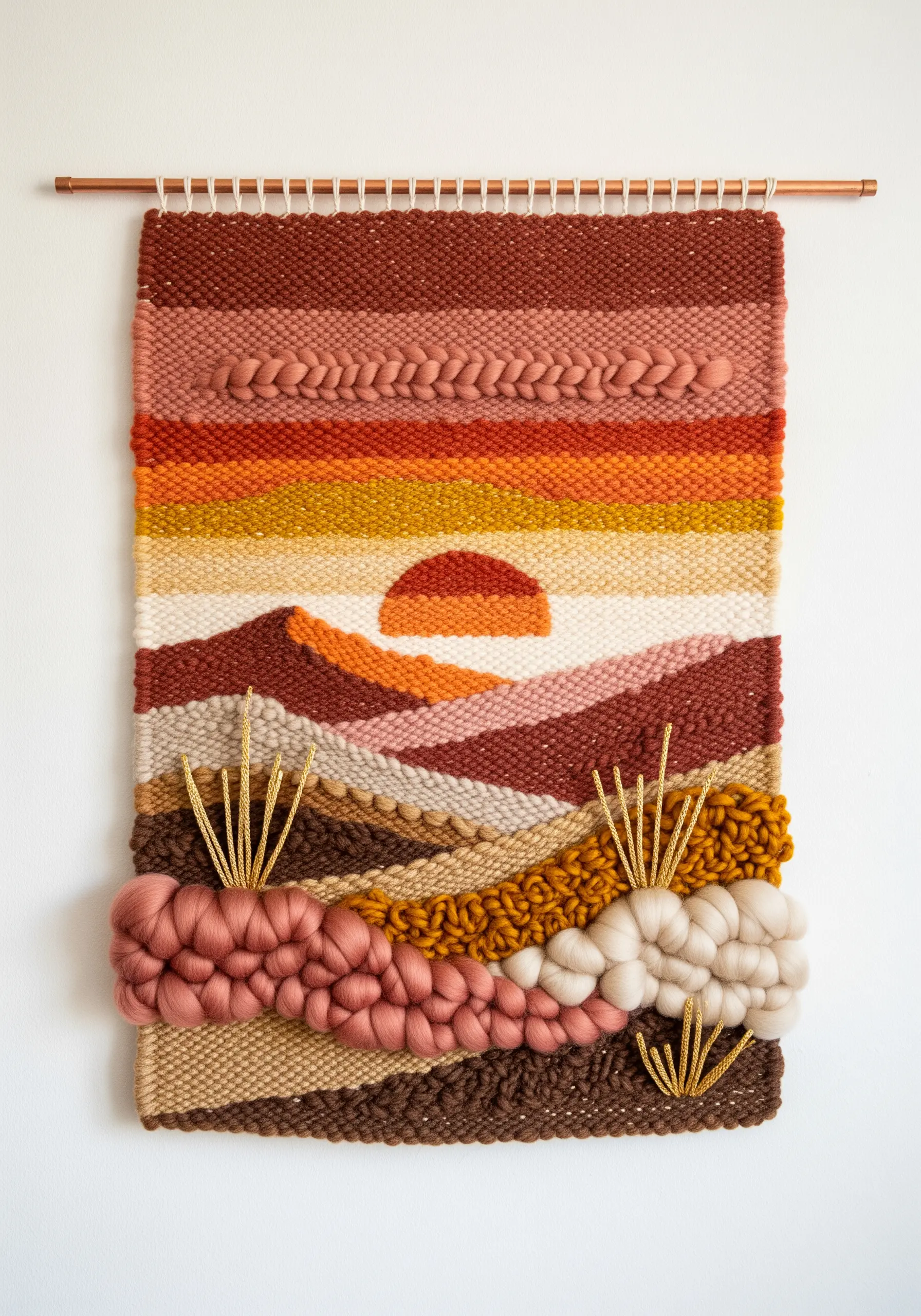 Woven wall tapestry depicting a desert sunset with textured yarns and 3D elements.