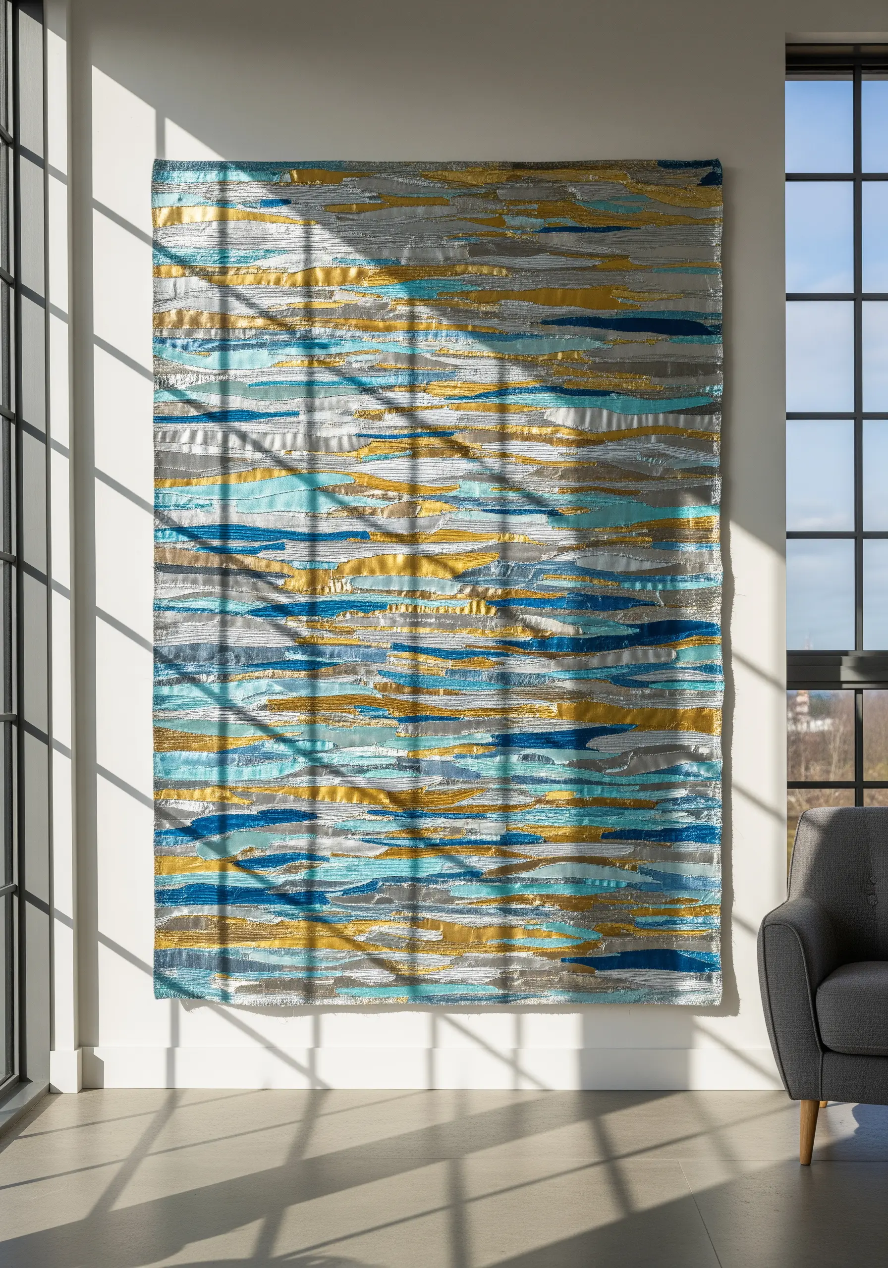 A large, abstract wall hanging with horizontal stripes of blue, gold, and silver metallic threads.
