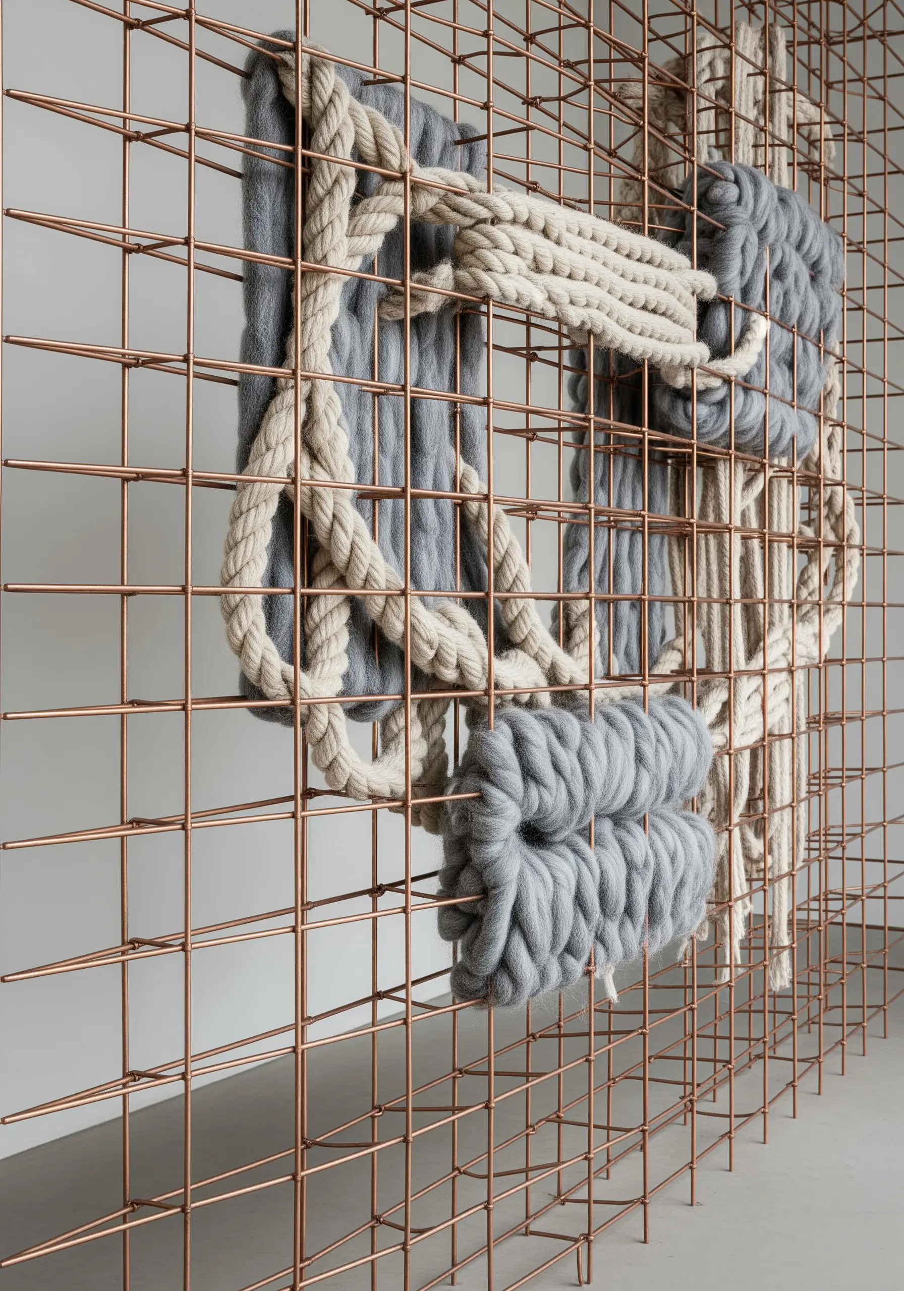 Thick, soft wool roving and ropes woven through a rigid copper metal grid.