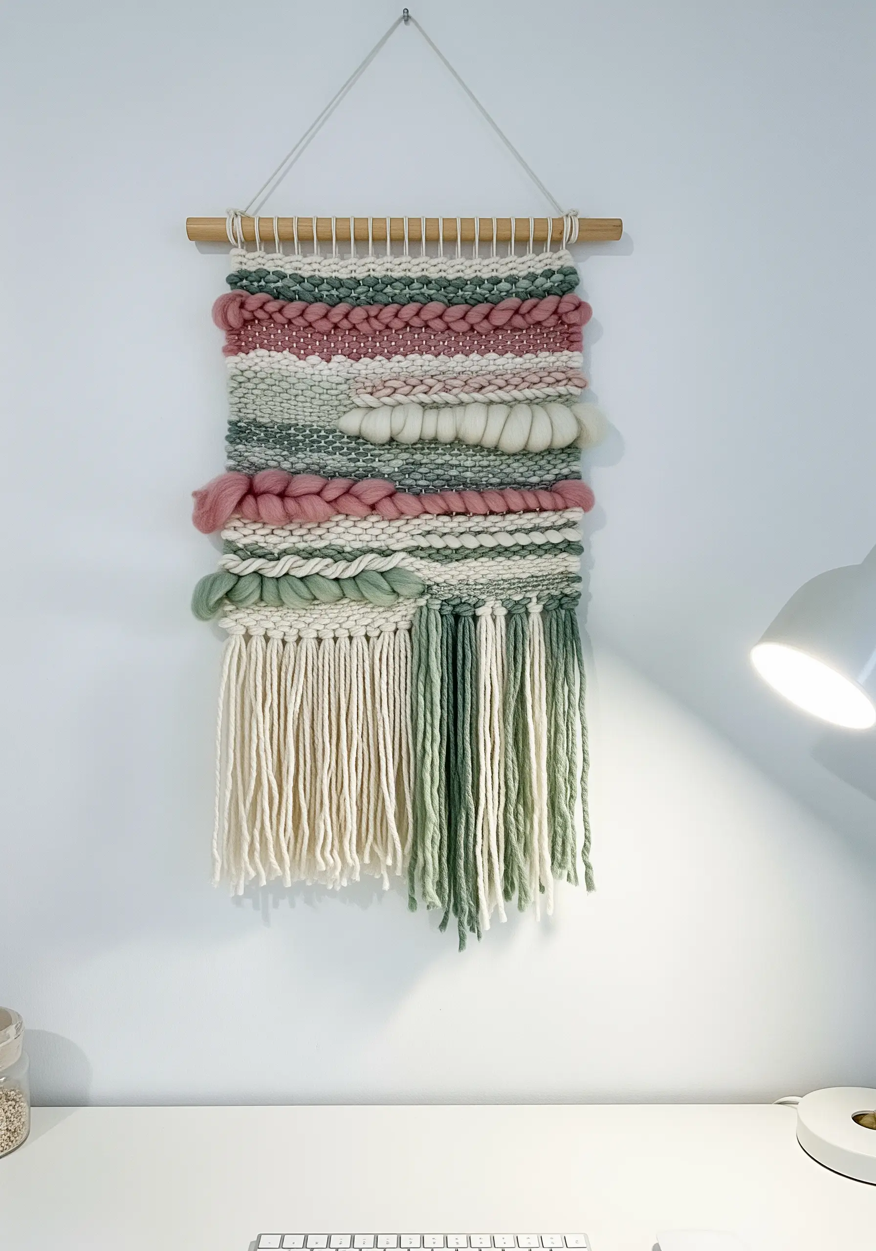 A small woven wall hanging with pink, green, and cream yarns in various textures.
