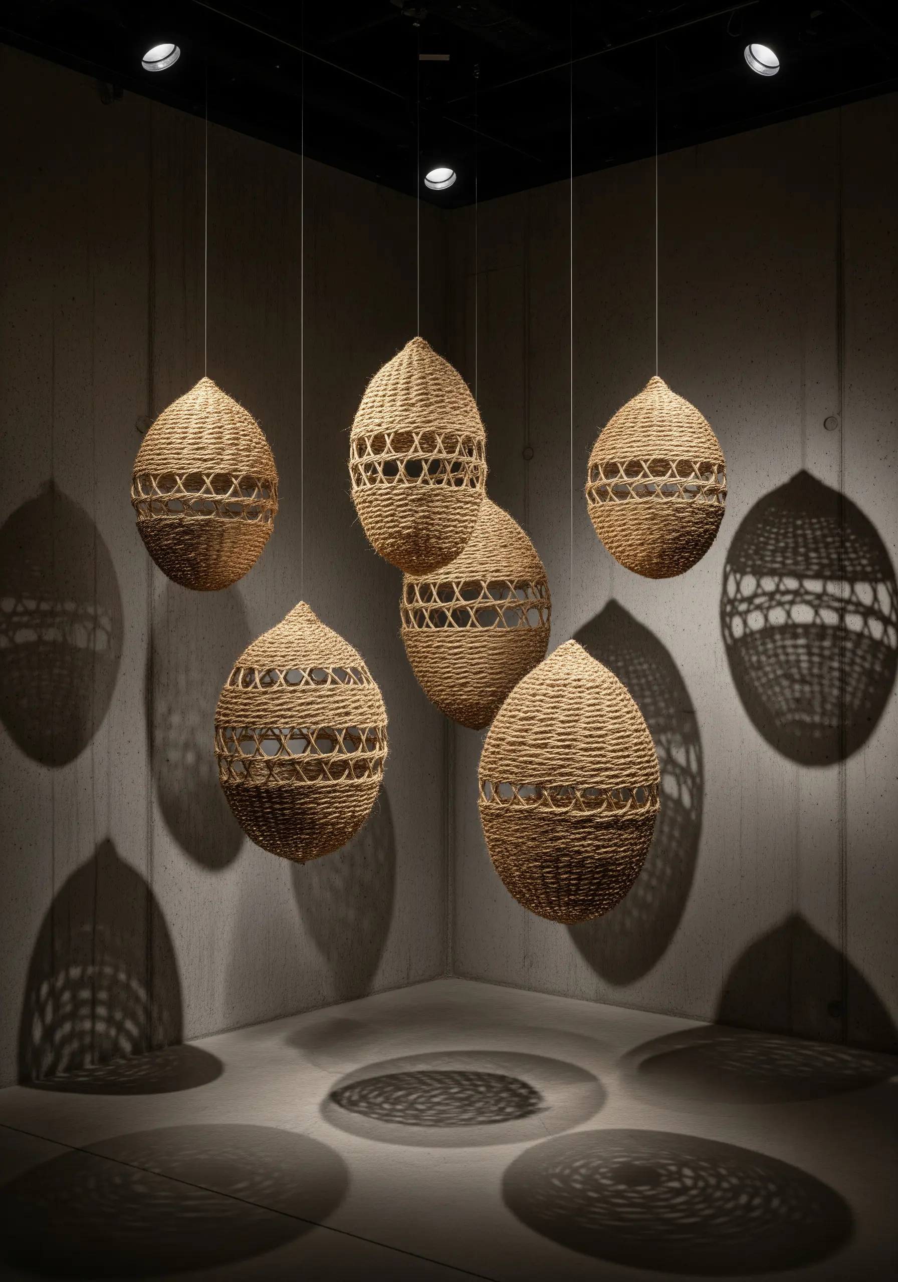 Several woven, basket-like sculptures hanging in a dark room, casting intricate shadows.