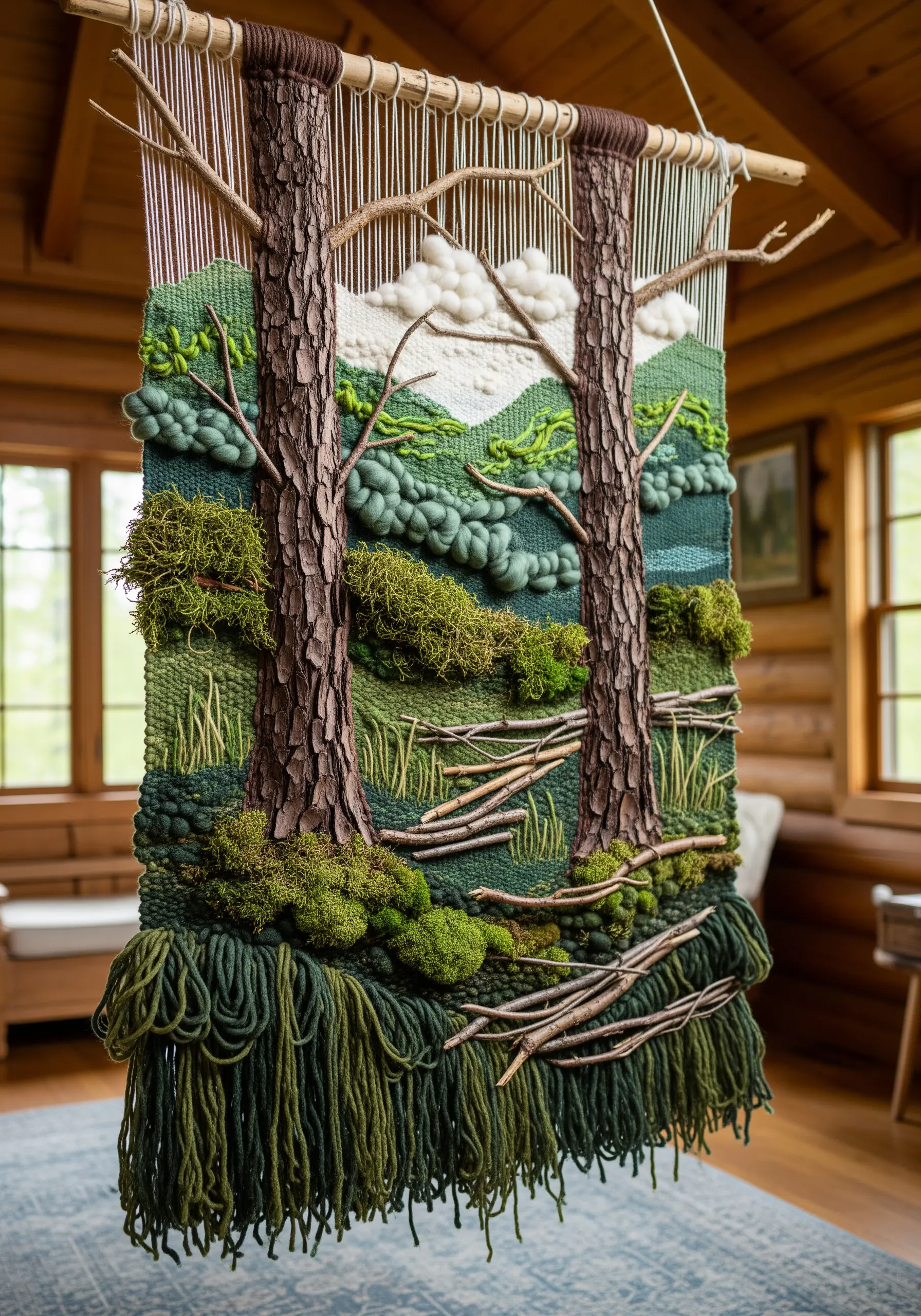 A woven forest landscape tapestry that incorporates real moss, twigs, and bark into the design.