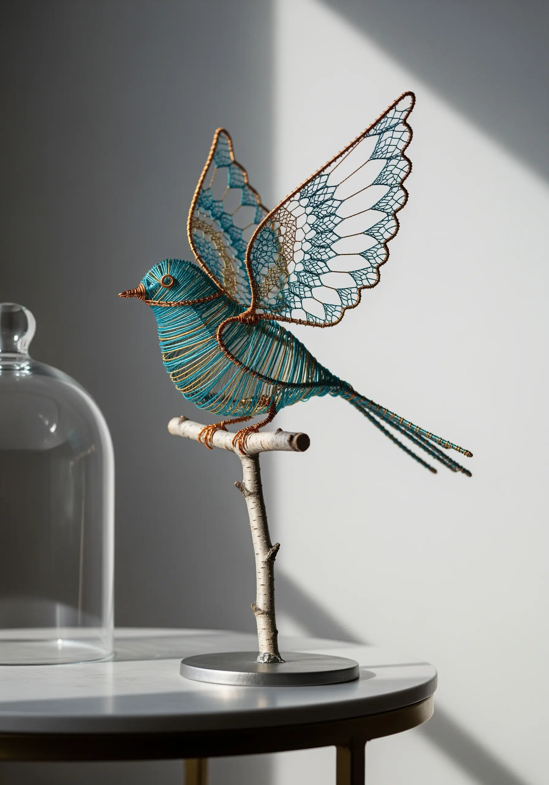 A delicate bird sculpture made from turquoise and gold wire and thread.