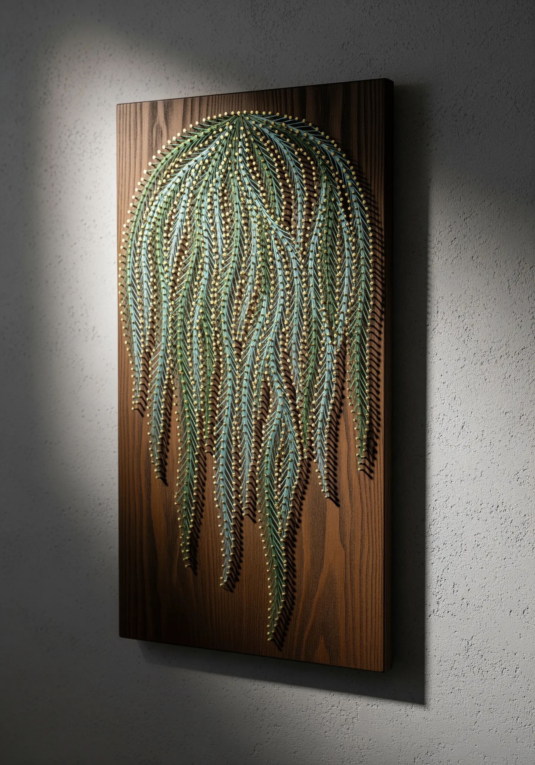 Weeping willow string art in shades of green and blue on a dark wood panel.