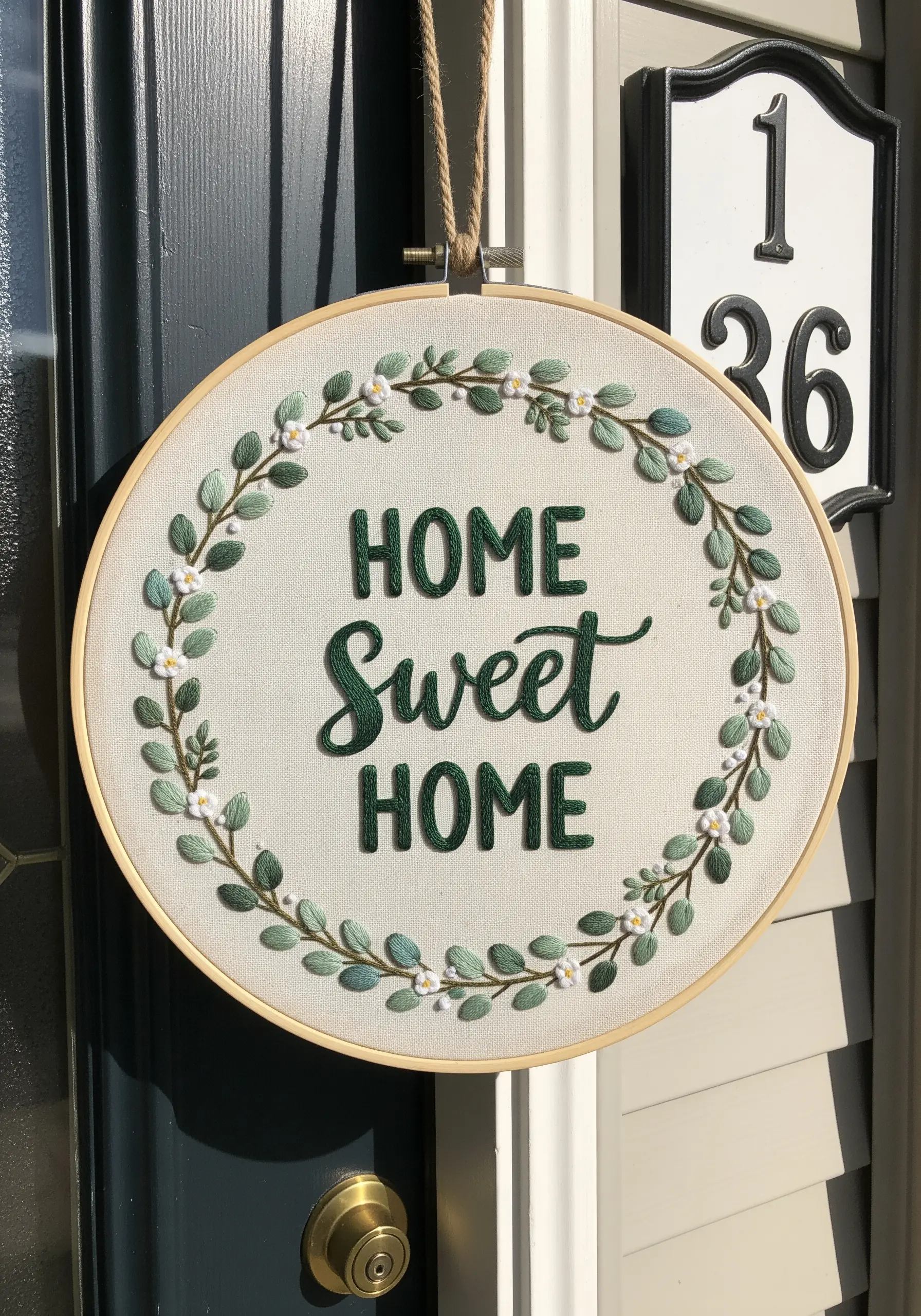 'Home Sweet Home' embroidered in a hoop with a green leafy wreath, hanging on a door.